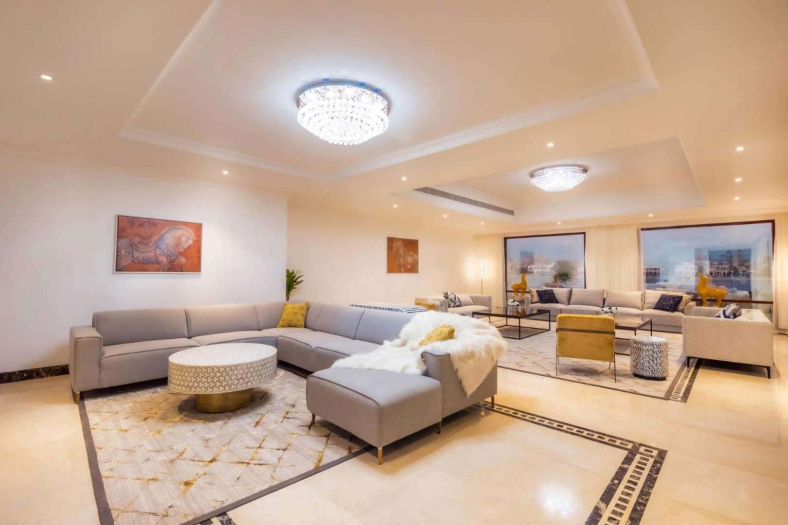 Luxury villa pool with marina views, Palm Jumeirah, modern Arabic architecture