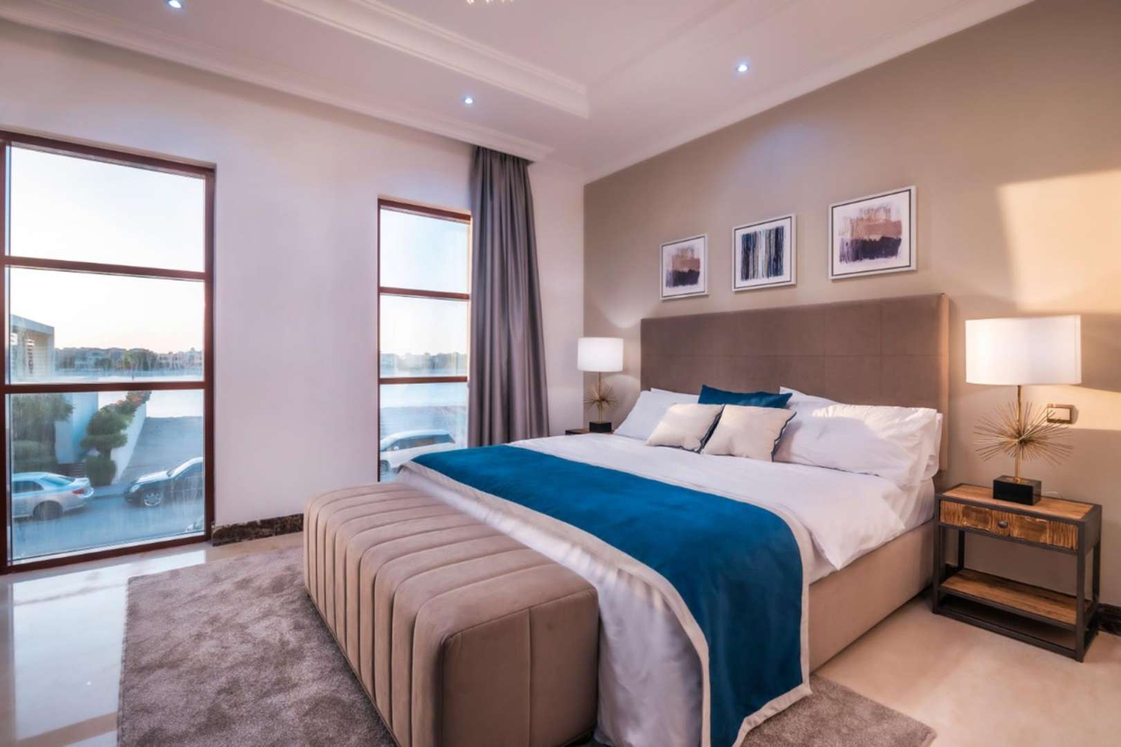 N/A,Luxury bedroom in modern Arabic villa with marina views, Palm Jumeirah Signature Villas