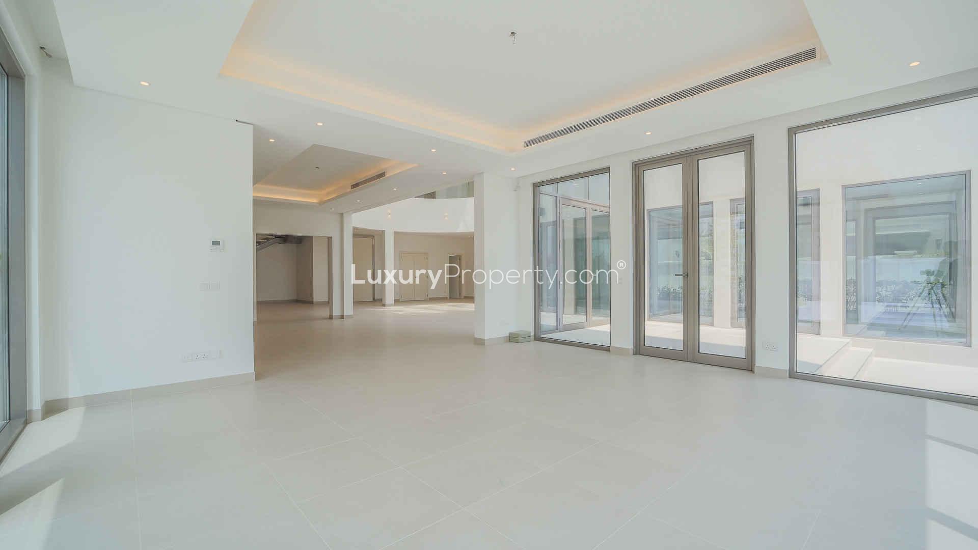 Spacious living room with marina skyline views in Palm Jumeirah Signature Villa for rent