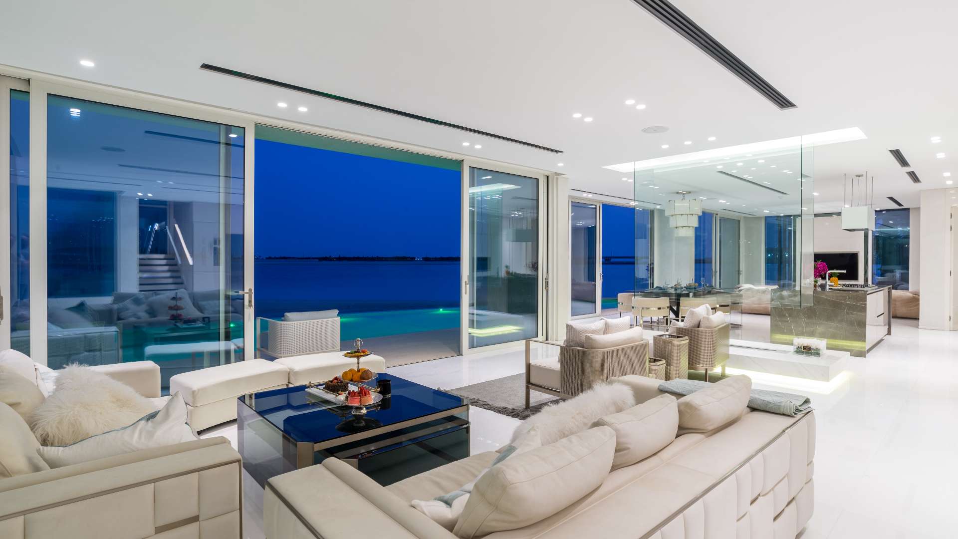Stunning contemporary villa on Palm Jumeirah beachfront at sunset, Signature Villas community
