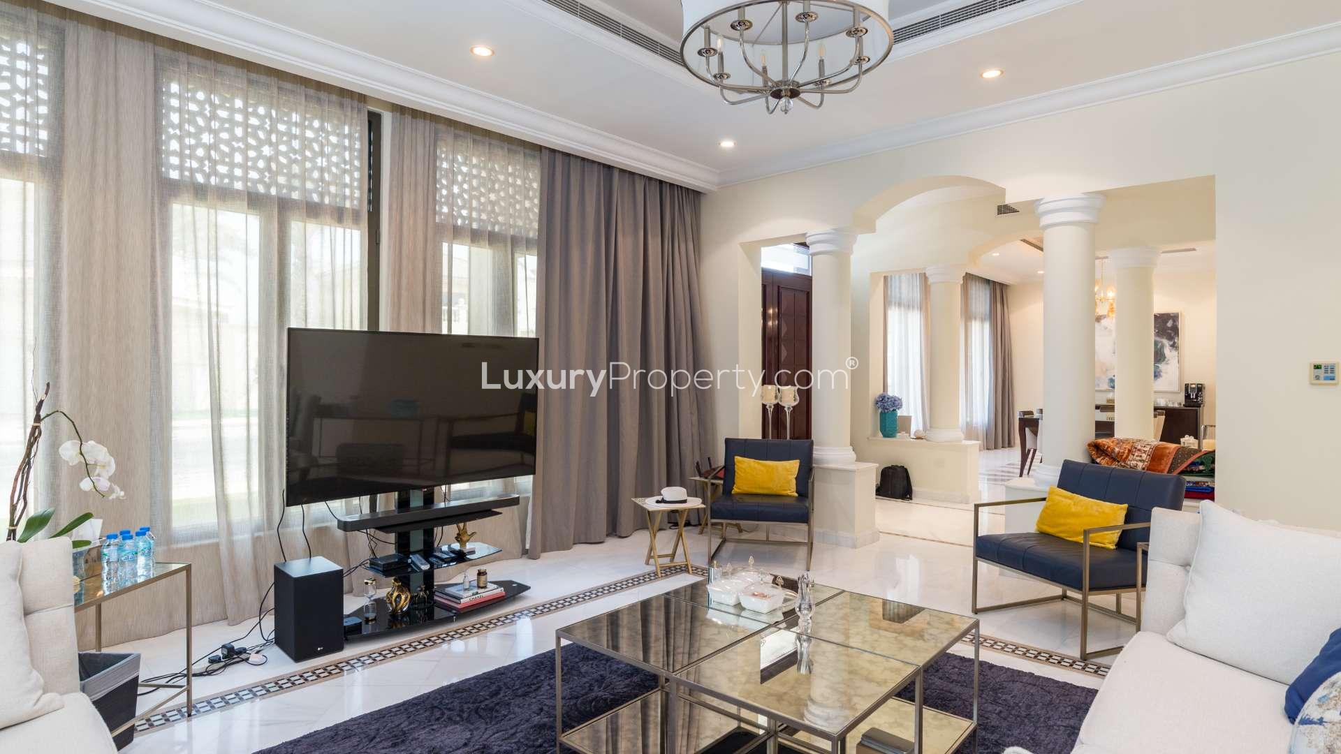 Luxurious living room in Palm Jumeirah Signature Villa, elegant decor, modern furnishings, spacious design