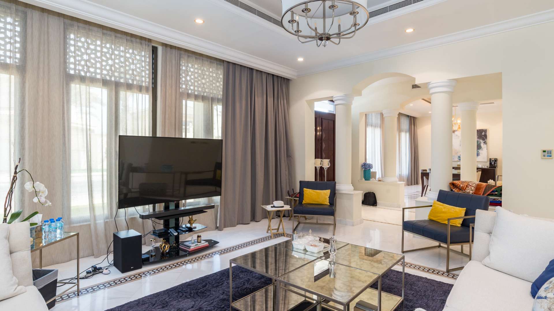 Luxurious living room in Palm Jumeirah Signature Villa, elegant decor, modern furnishings, spacious design
