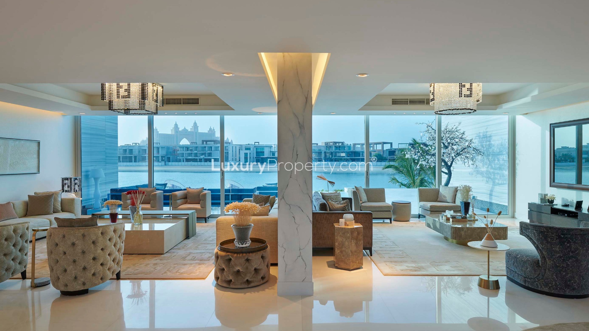 N/A,Luxurious living room with ocean view in Palm Jumeirah beachfront villa for sale