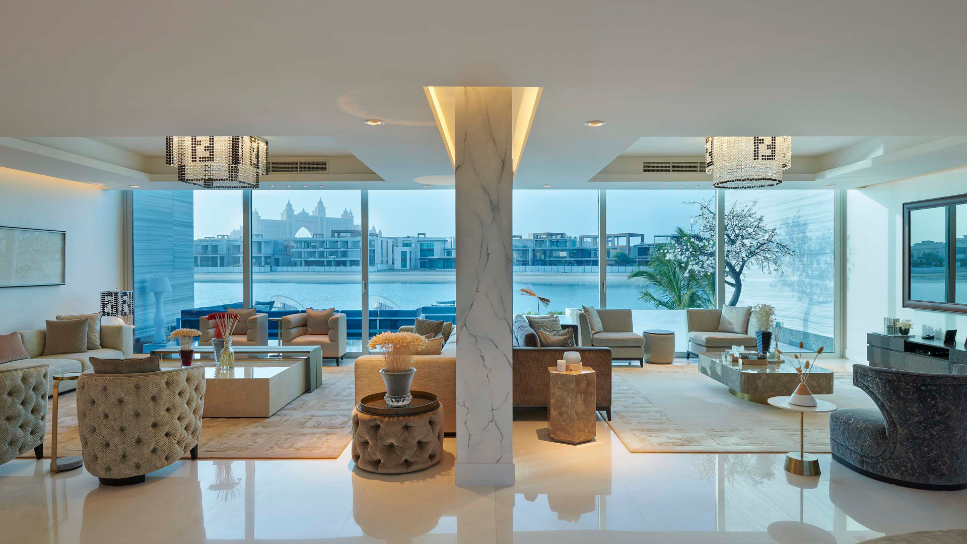 N/A,Luxurious living room with ocean view in Palm Jumeirah beachfront villa for sale