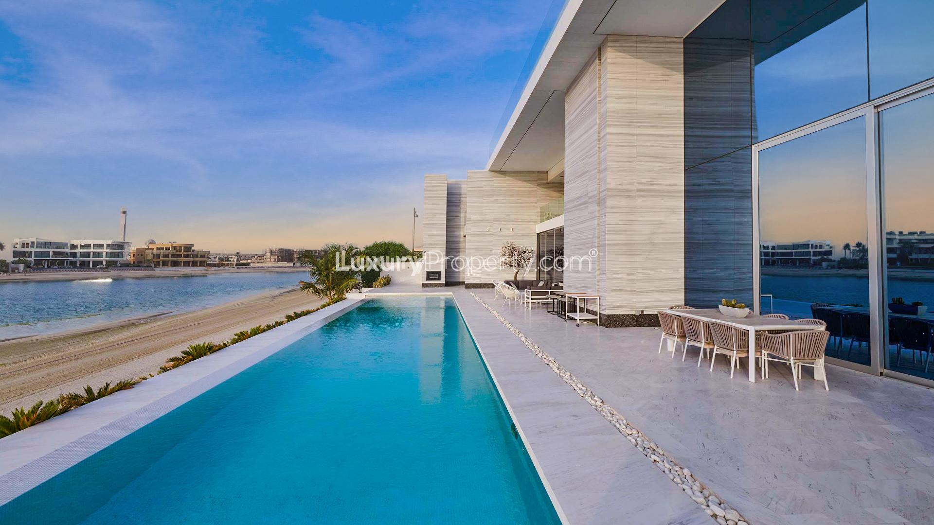 Stunning contemporary beachfront villa exterior at Palm Jumeirah, Signature Villas, for sale