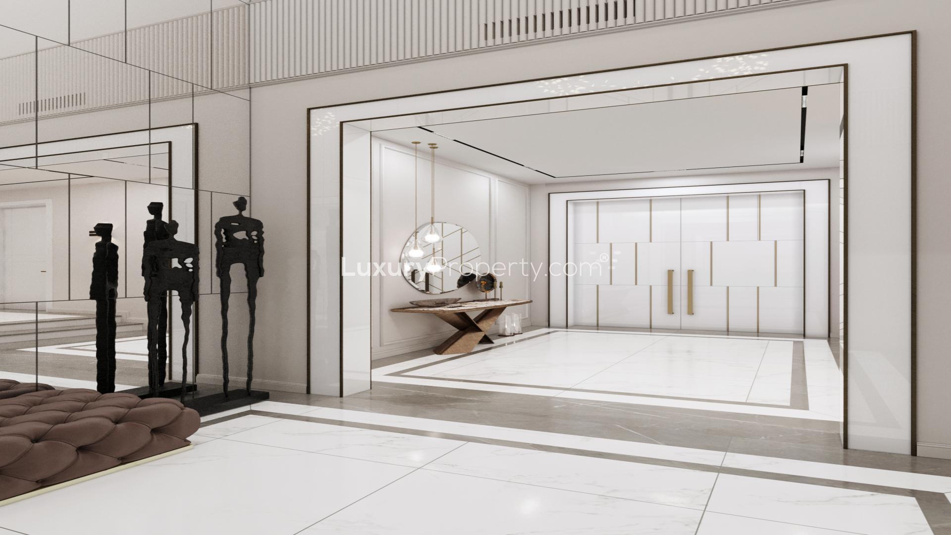 Luxurious kitchen with marble island in custom villa, Al Barari, Silk Leaf community