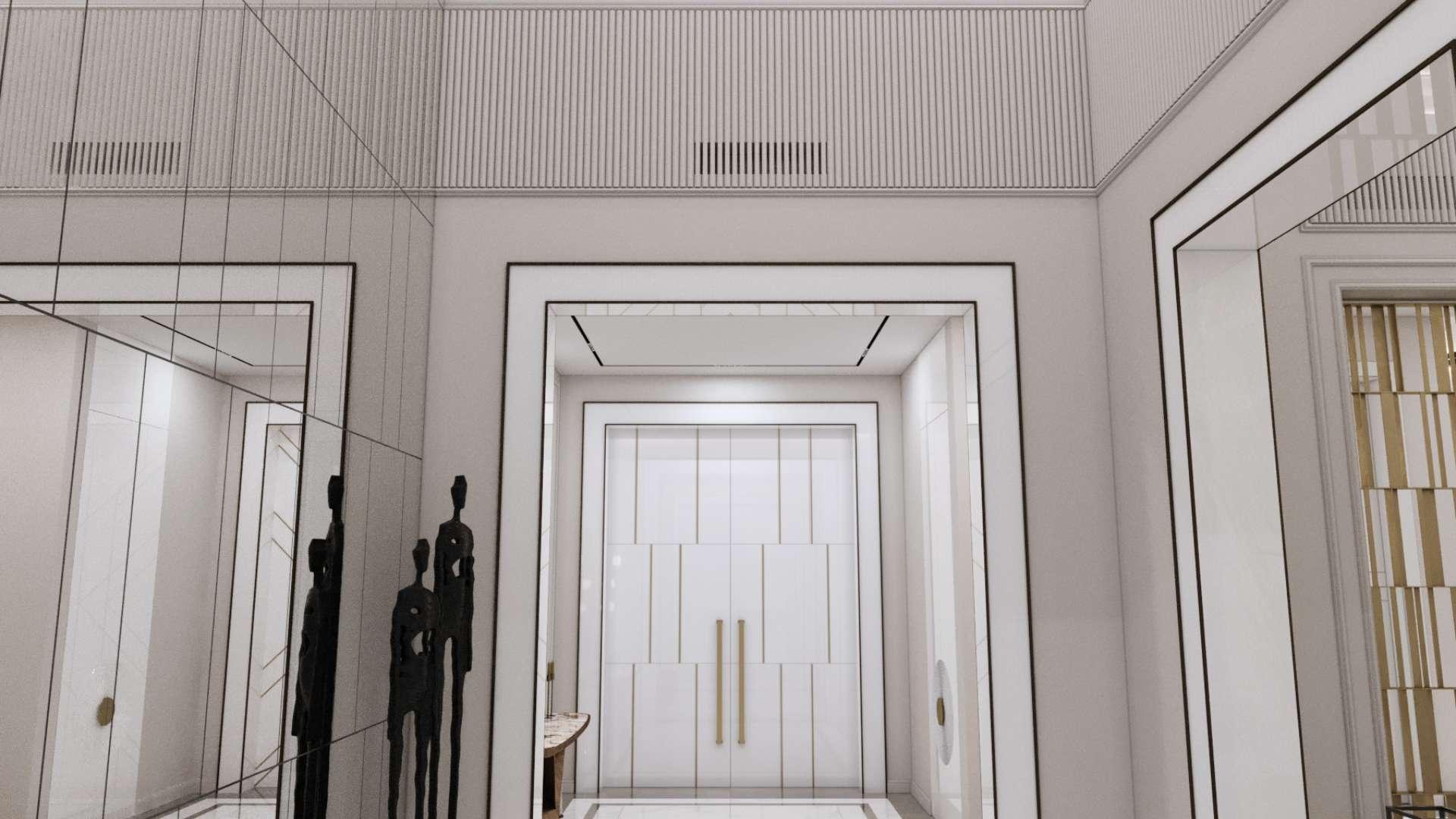 Luxurious entrance of custom villa in Al Barari, Silk Leaf, featuring elegant decor