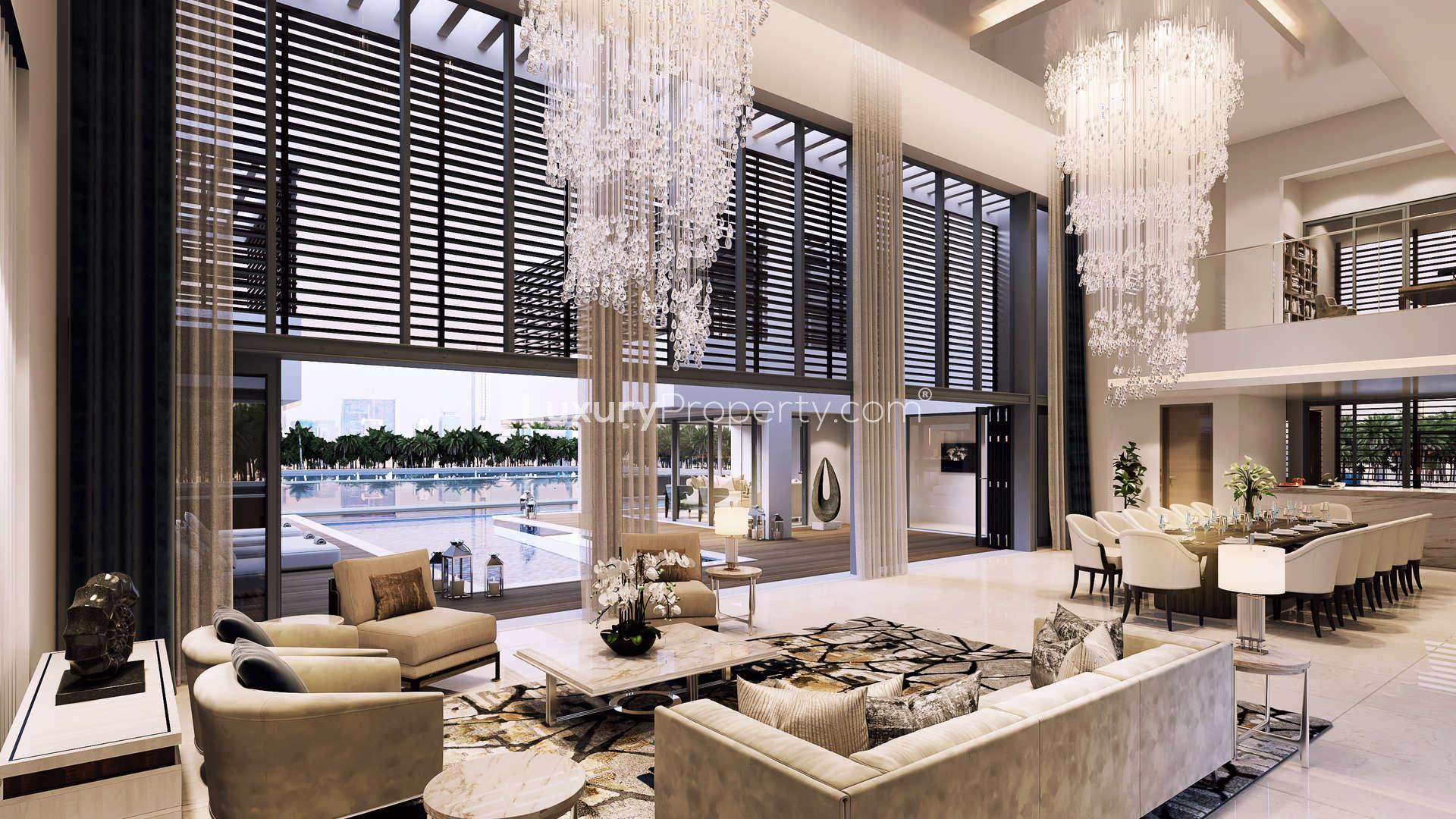 N/A,Luxurious living room with chandeliers in six-bedroom villa, Dubai Water Canal view