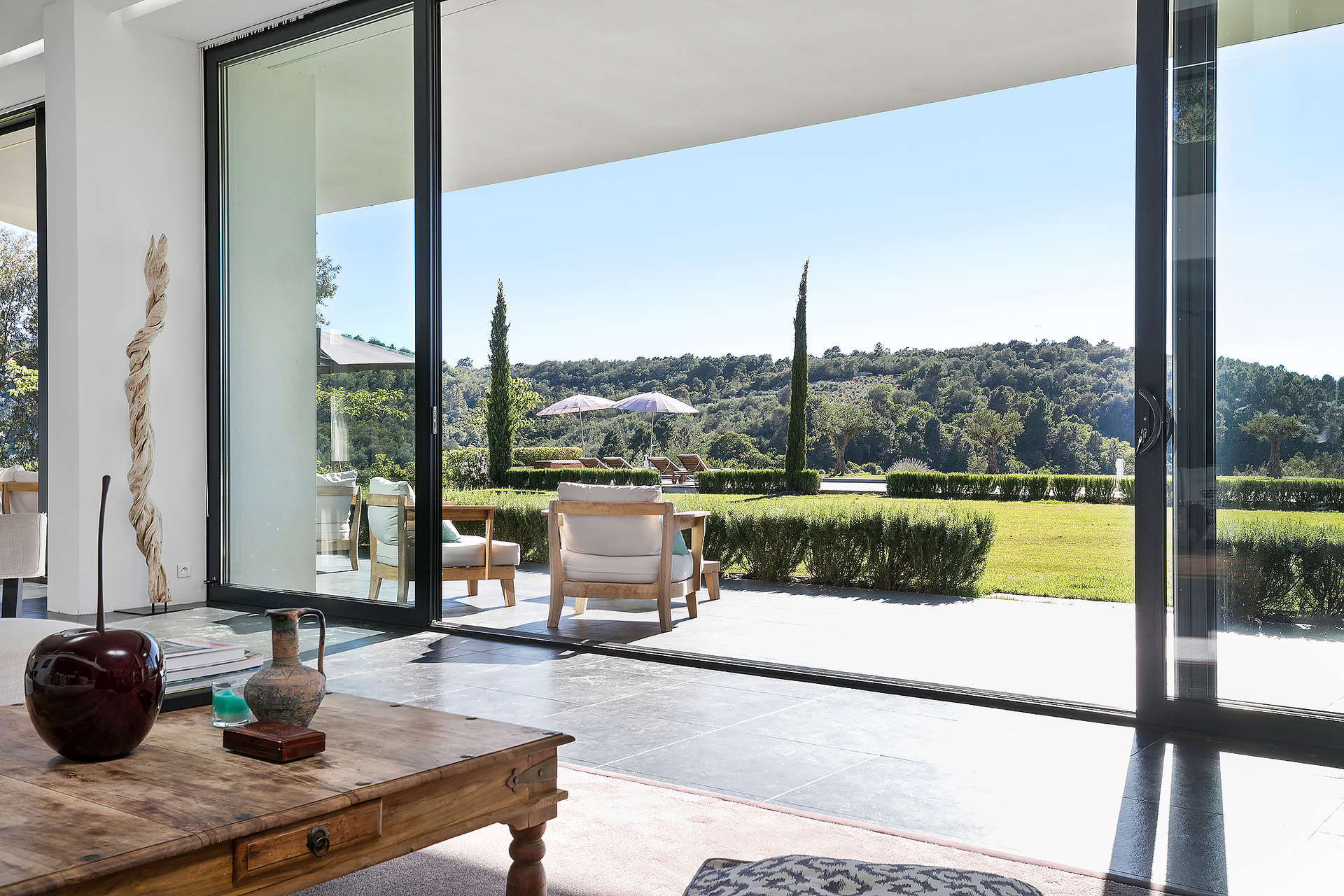 Spacious living area in Tanneron villa with scenic French Riviera views, modern decor