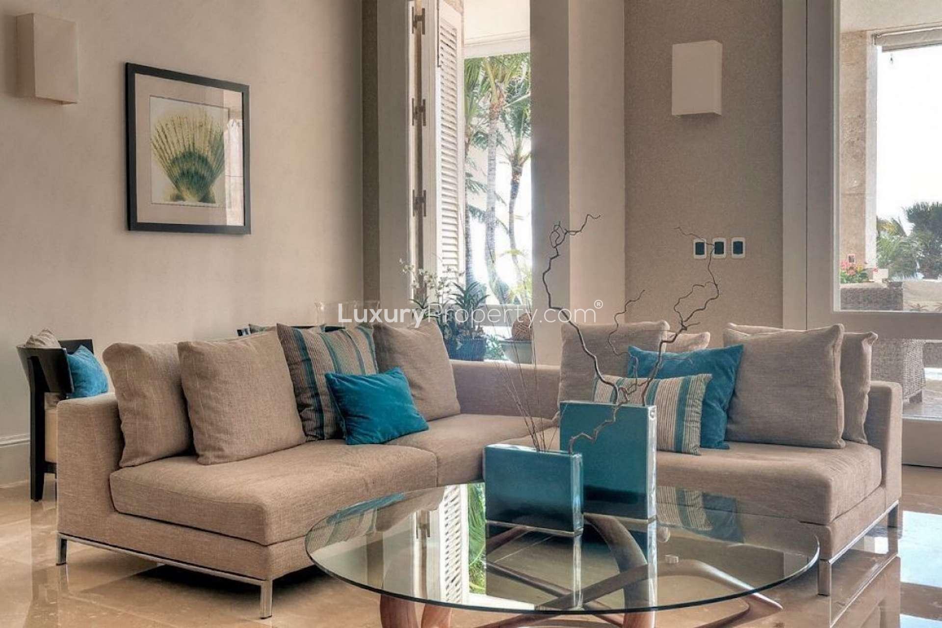Luxurious living room in furnished seafront mansion, Jardines de Arrecife, Punta Cana villa