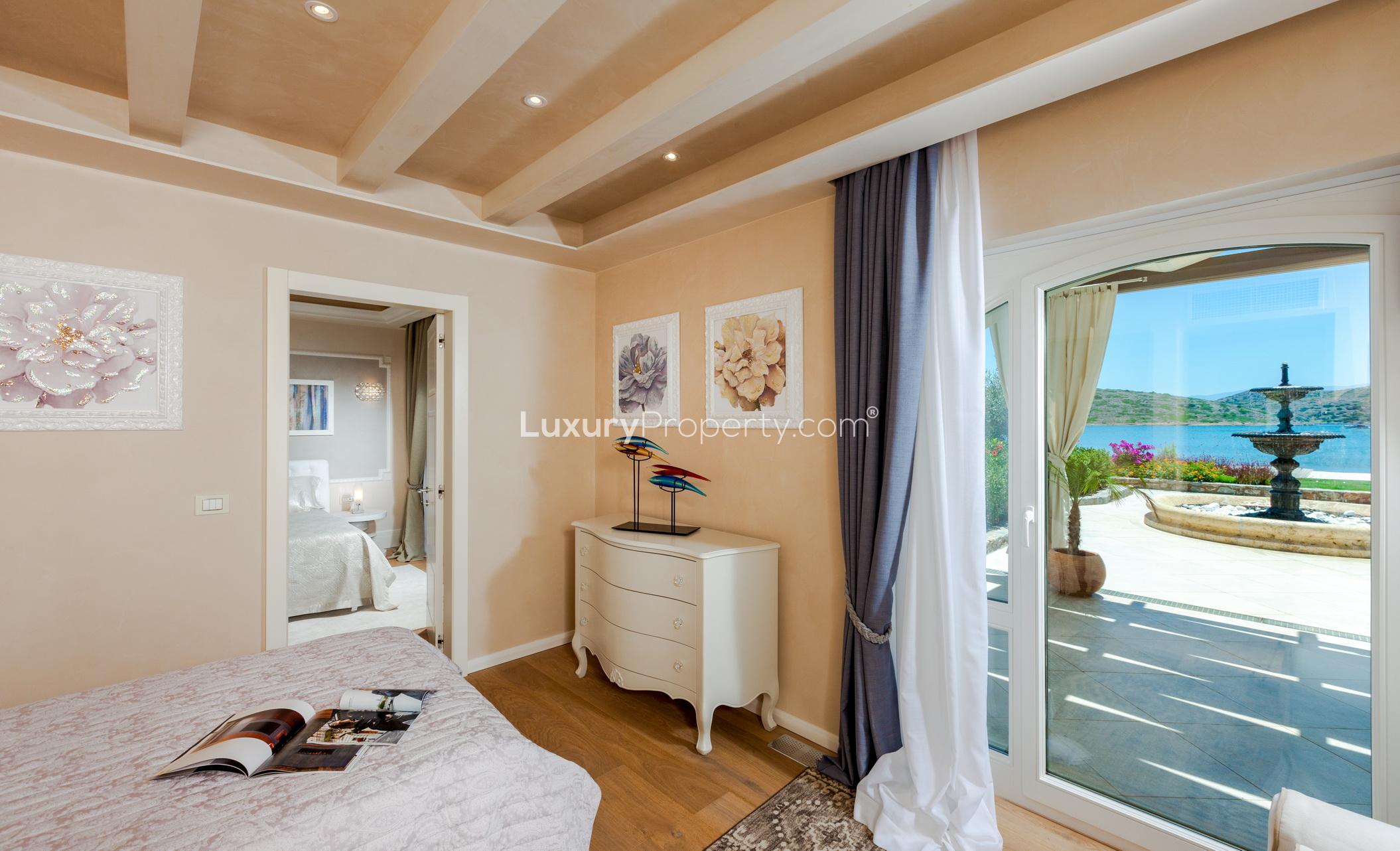 Elegant bedroom in Greek villa for sale, Villa Olivia, Crete. Luxurious design and decor