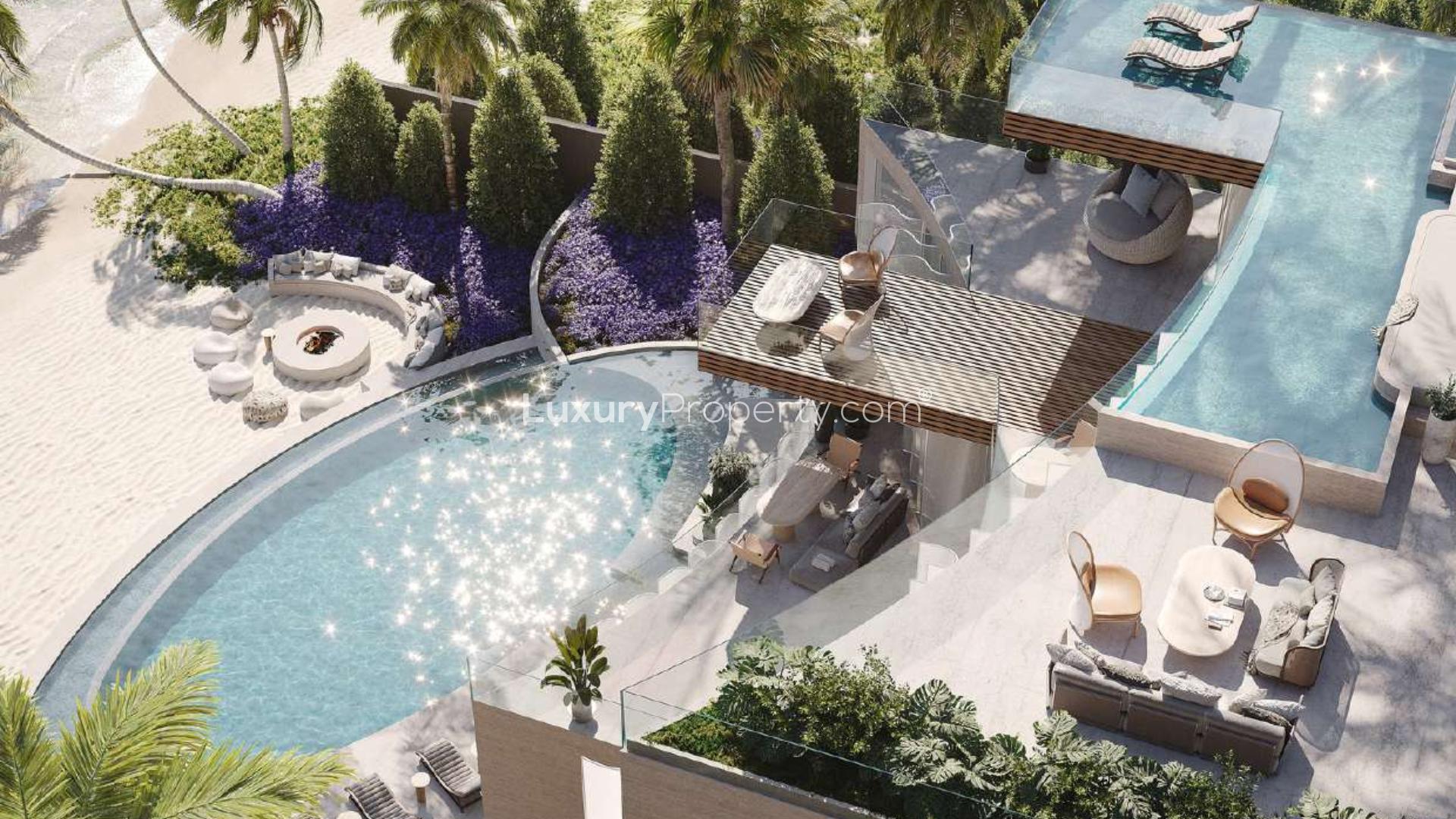 Contemporary six-bed island villa interior with spiral staircase, modern design at The World Islands