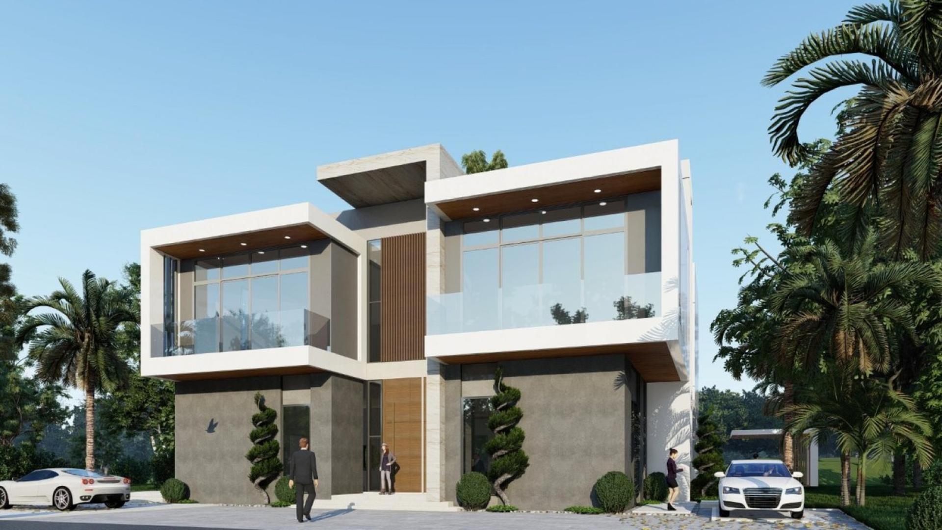 Modern 7-bedroom villa exterior in Fairways Villas, Dubai Hills Estate with luxury cars