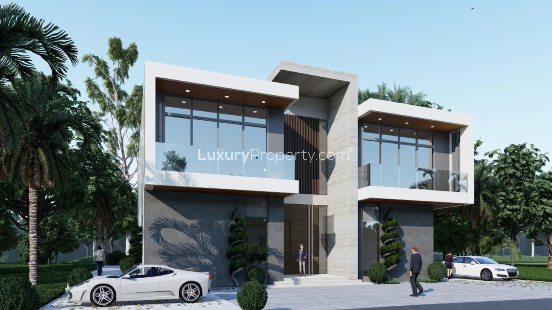 Modern 7-bedroom villa exterior in Fairways Villas, Dubai Hills Estate, available for rent