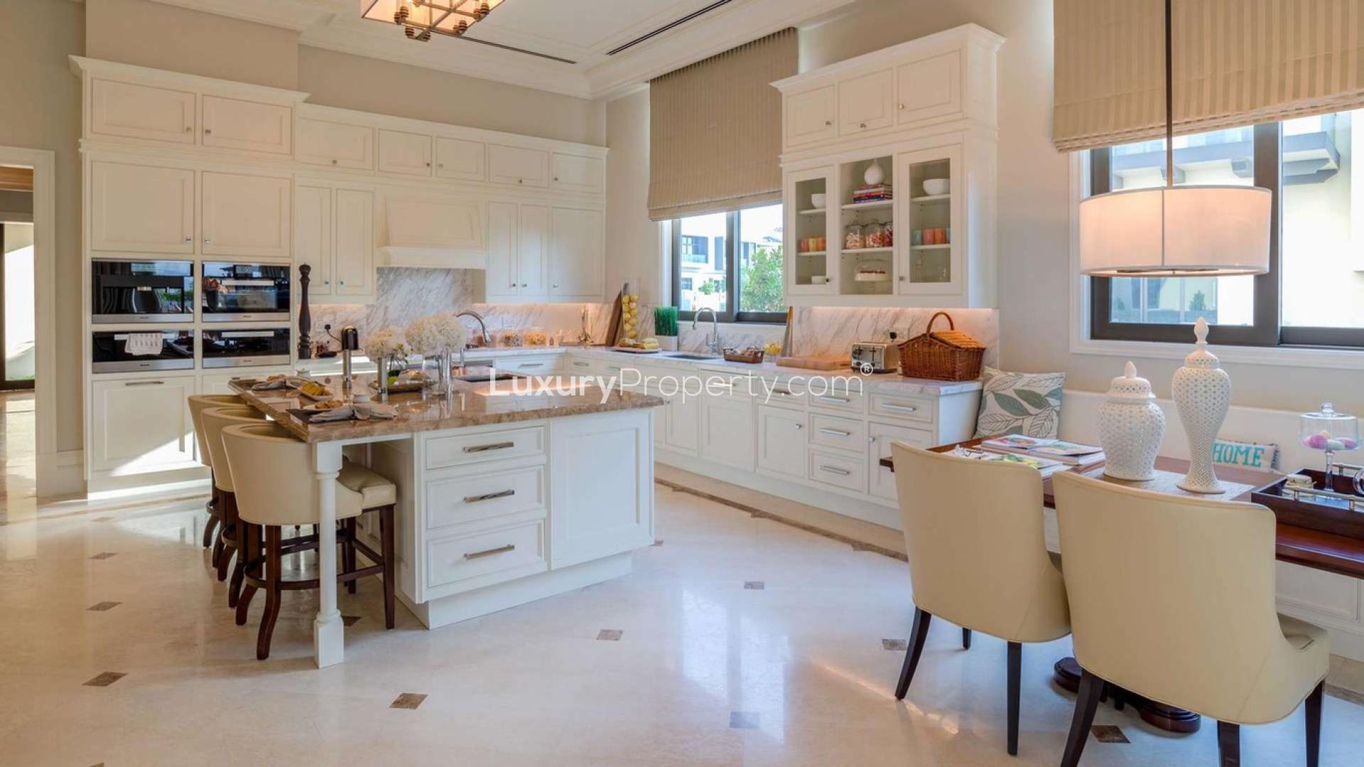 Seven-bedroom villa exterior in Dubai Hills Grove, lush landscaping, modern design, for sale