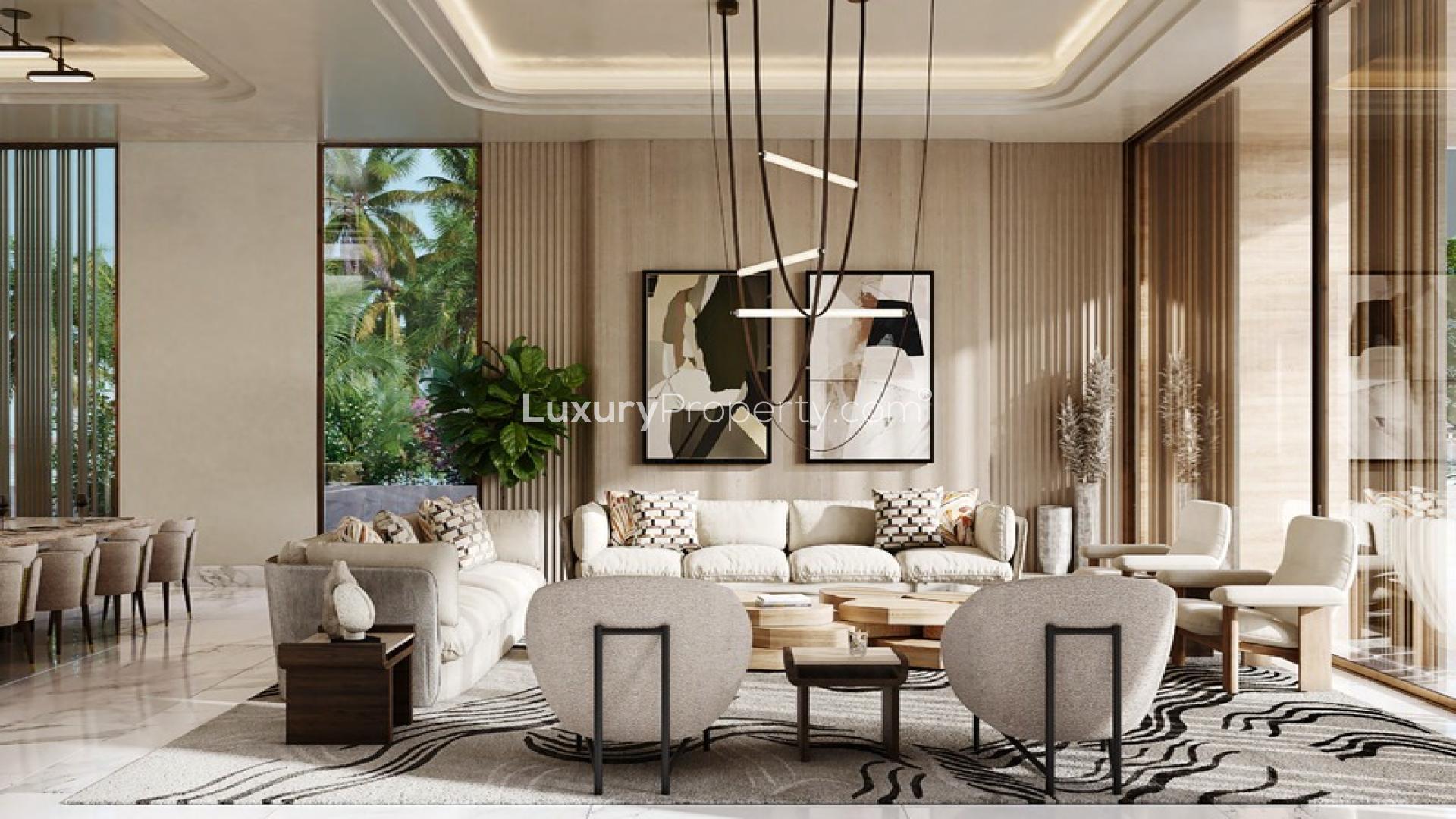 Luxurious living room in Elysian Mansions villa with modern decor and scenic views
