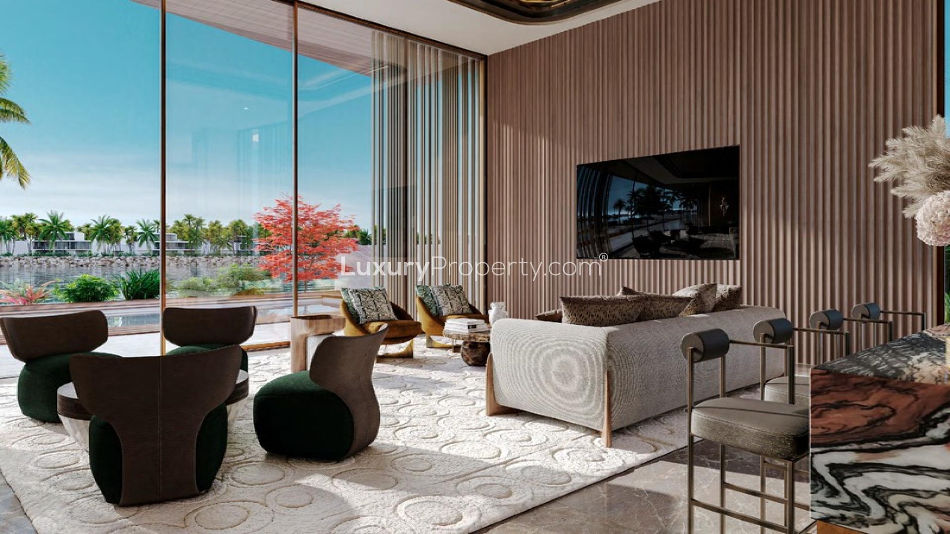 Luxurious living room in Elysian Mansions villa with elegant decor and garden views