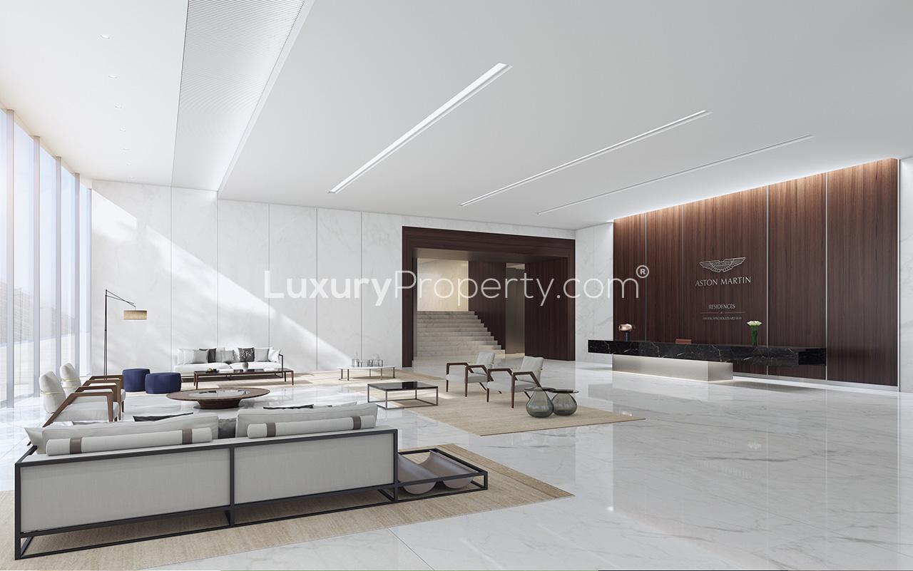 Luxurious living room in Aston Martin Residences penthouse, Miami with yacht view