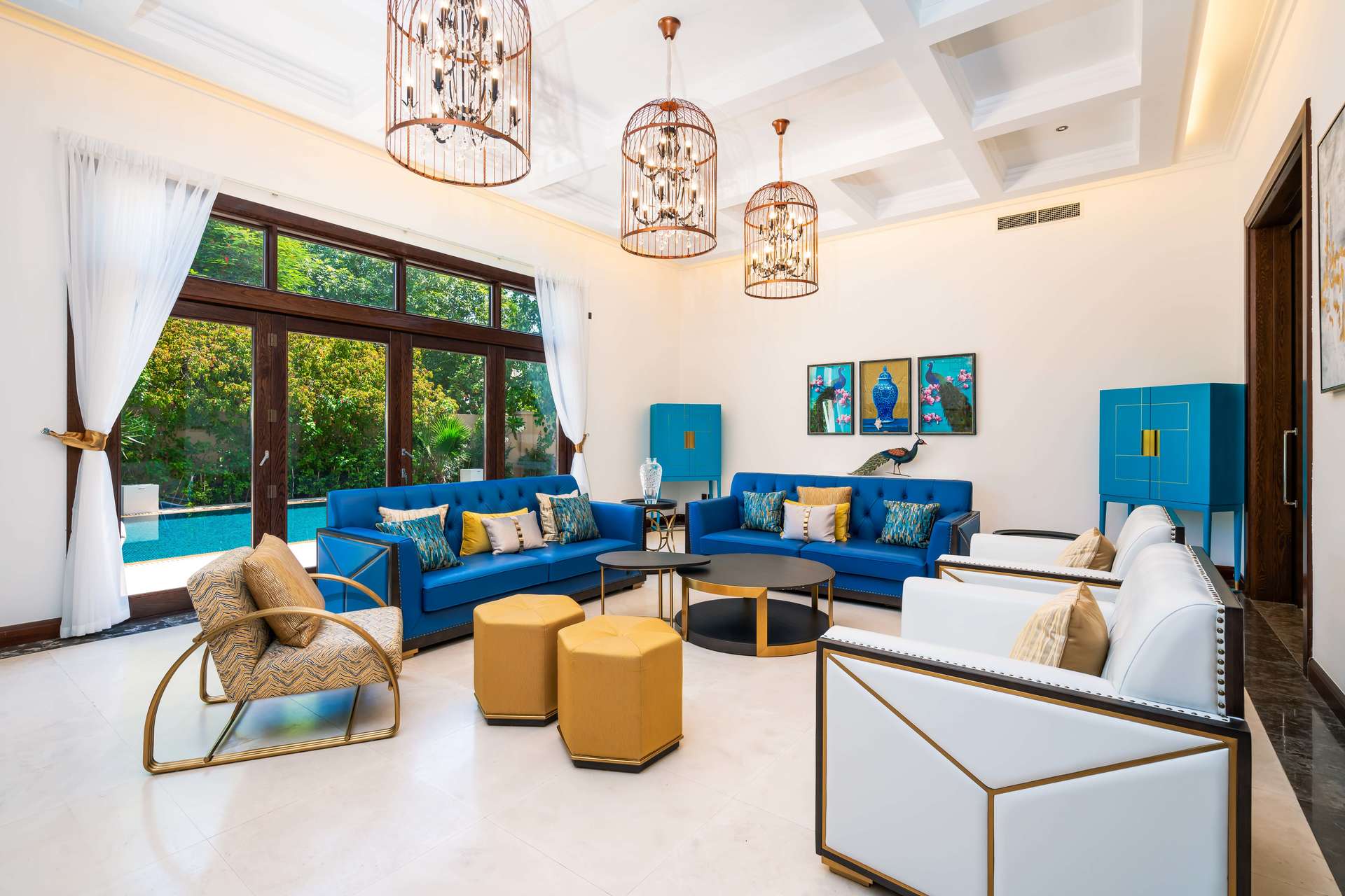 Spacious bedroom with two beds and garden view in Al Barari villa for rent