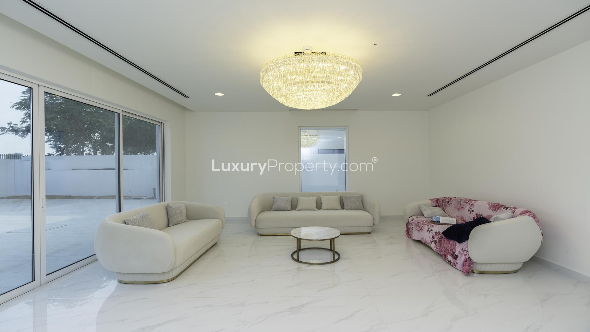 Luxury villa exterior with pool, Dubai Hills Estate, full Burj Khalifa view, for rent