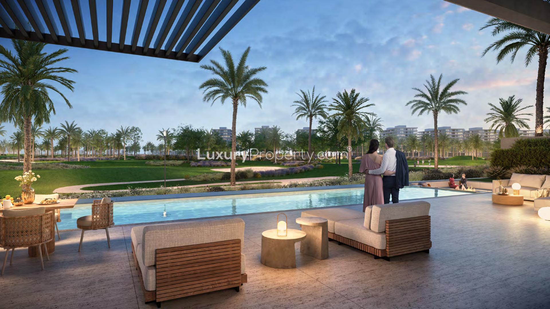 Luxurious living room in 7-bed villa, Damac Hills Autograph Collection, modern decor and greenery views