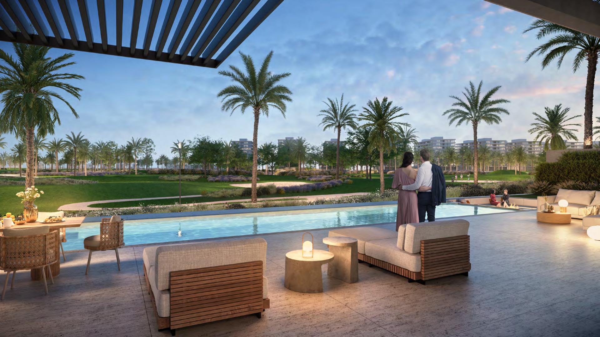 Luxurious living room in 7-bed villa, Damac Hills Autograph Collection, modern decor and greenery views