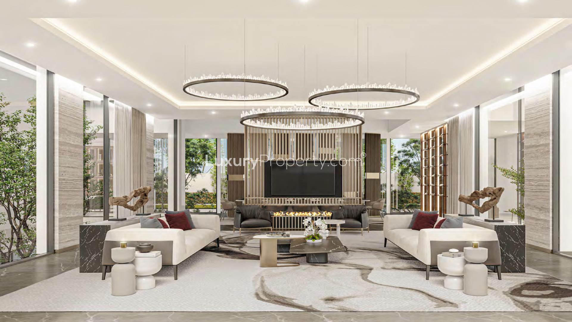 Outdoor patio view of luxury villa with pool in DAMAC Hills, Damac Autograph Collection