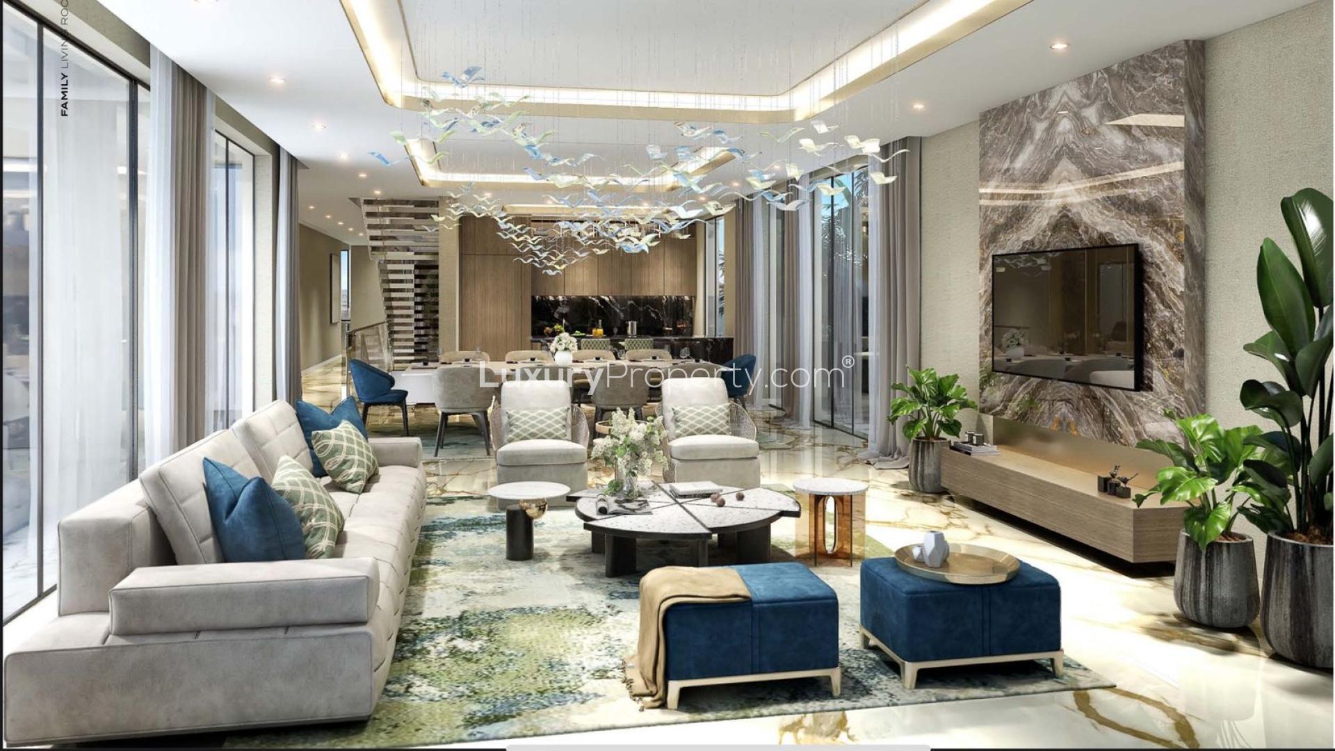 N/A,Luxurious living area in 7-bedroom villa, Maldives at Damac Islands, featuring modern decor