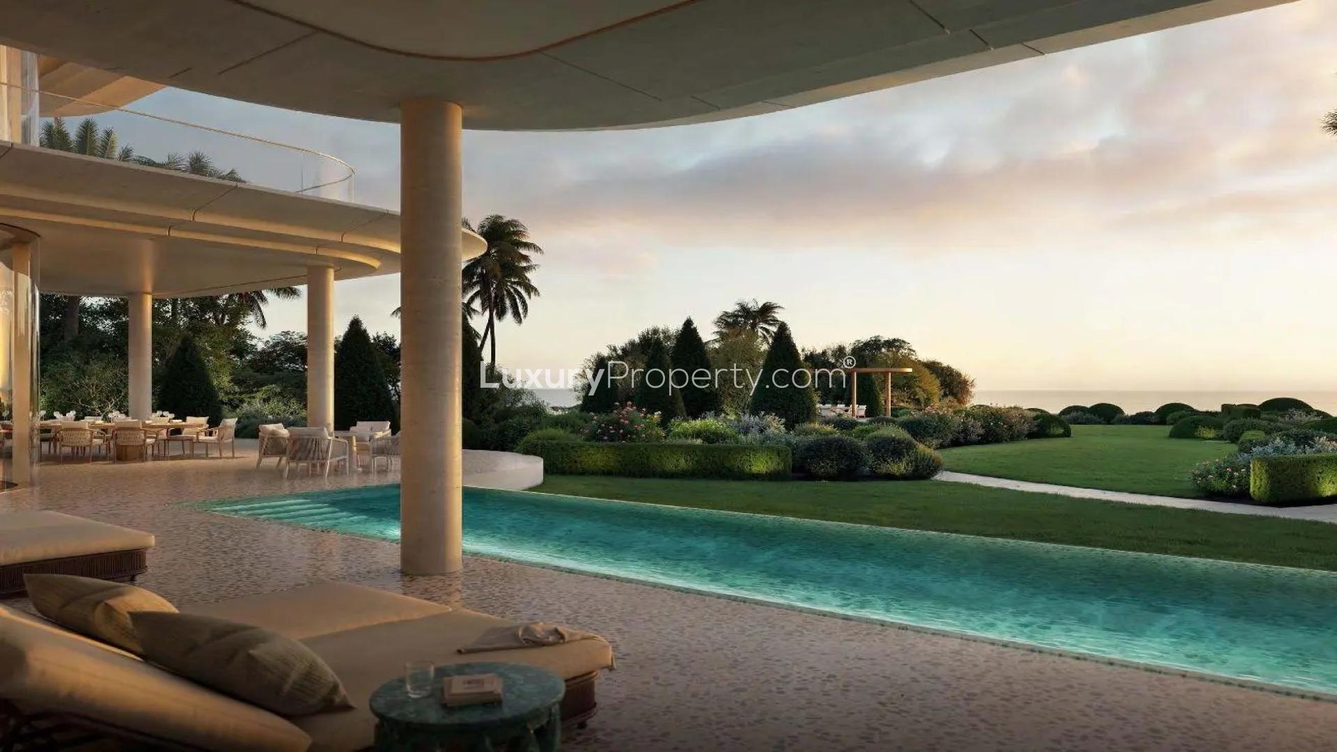 Luxurious villa living room with ocean view in Jumeirah Asora Bay, Dubai