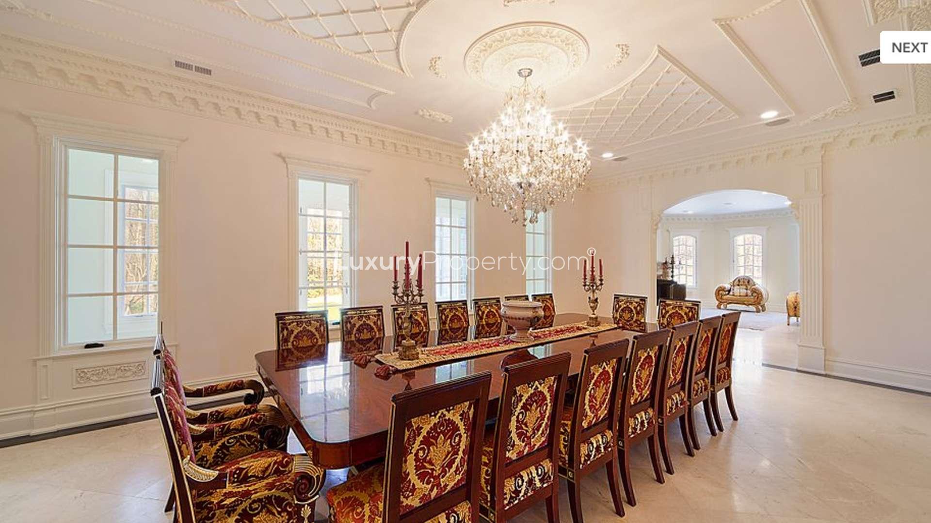 Indoor pool with luxurious seating in Saddle River mansion, New Jersey villa for sale