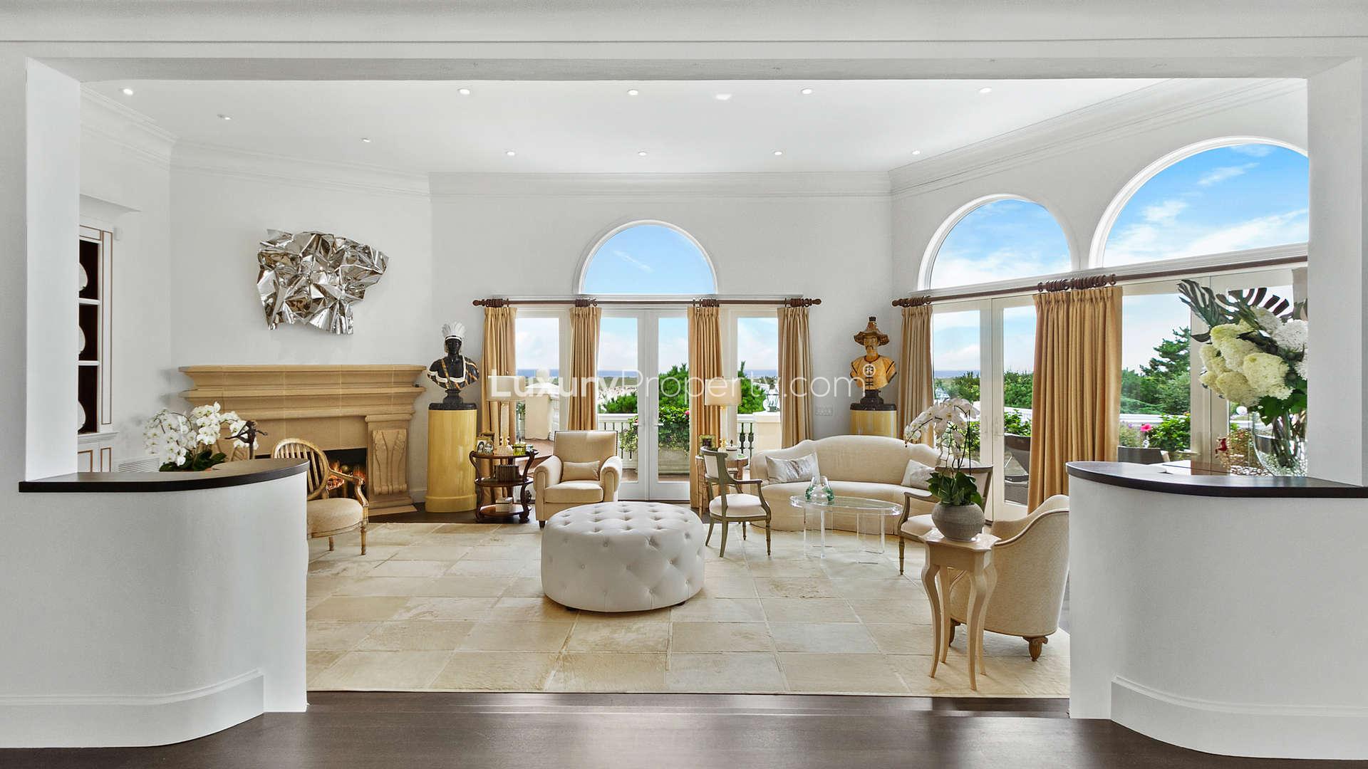 Luxurious living room with fireplace in 7-bedroom Hamptons villa for sale, Southampton
