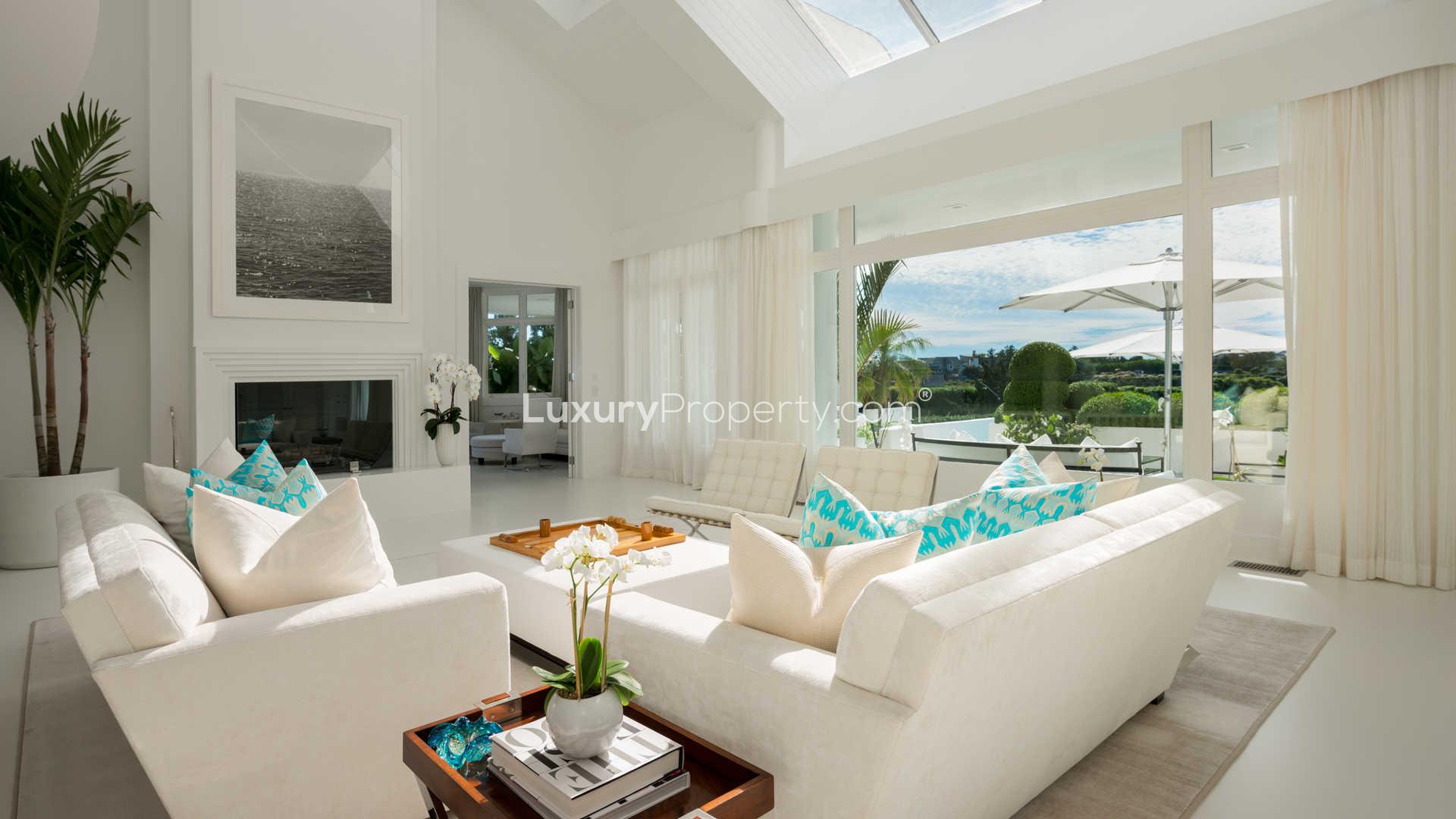 Aerial view of luxury villa with beach access in Southampton's Hamptons community