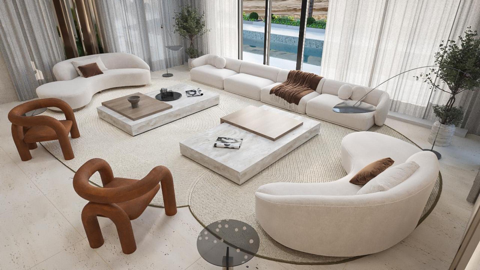 Luxurious Palm Jumeirah villa living room with modern furniture and pool view
