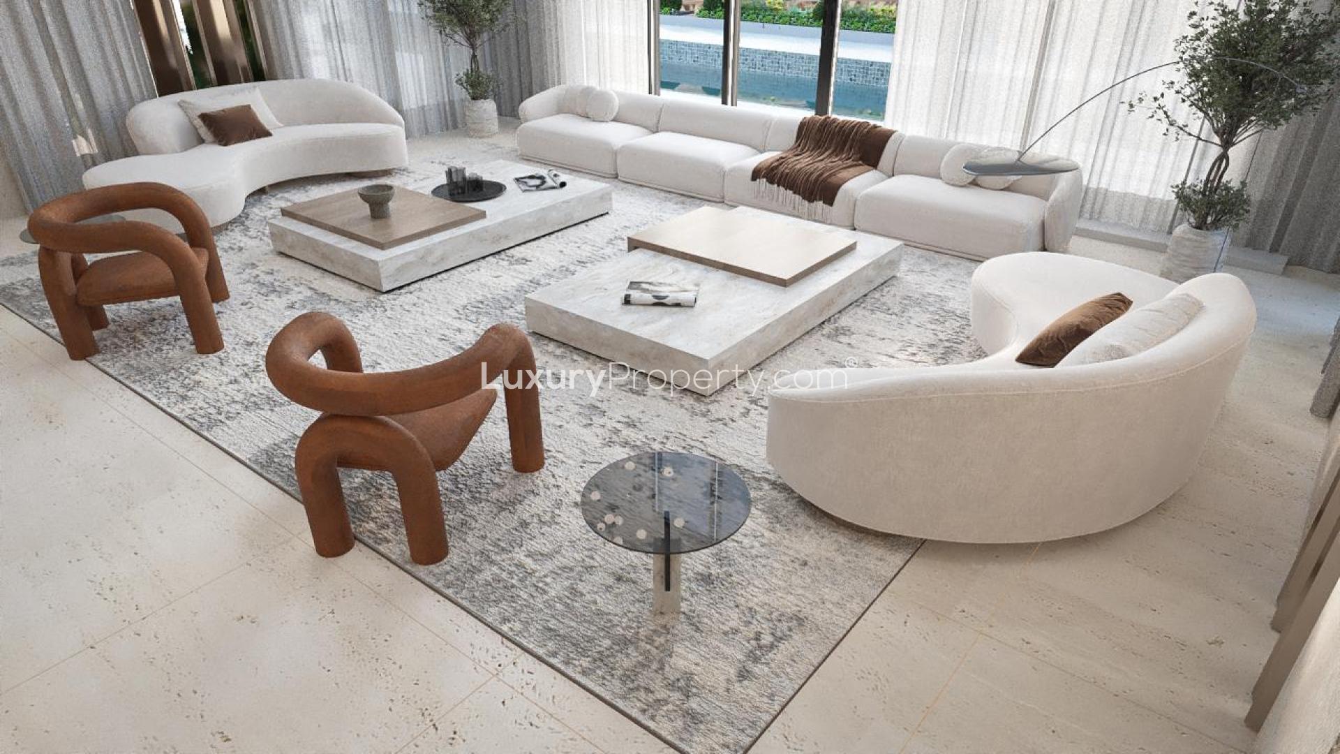 Luxurious living room in custom-built villa, Palm Jumeirah Signature Villas, modern design