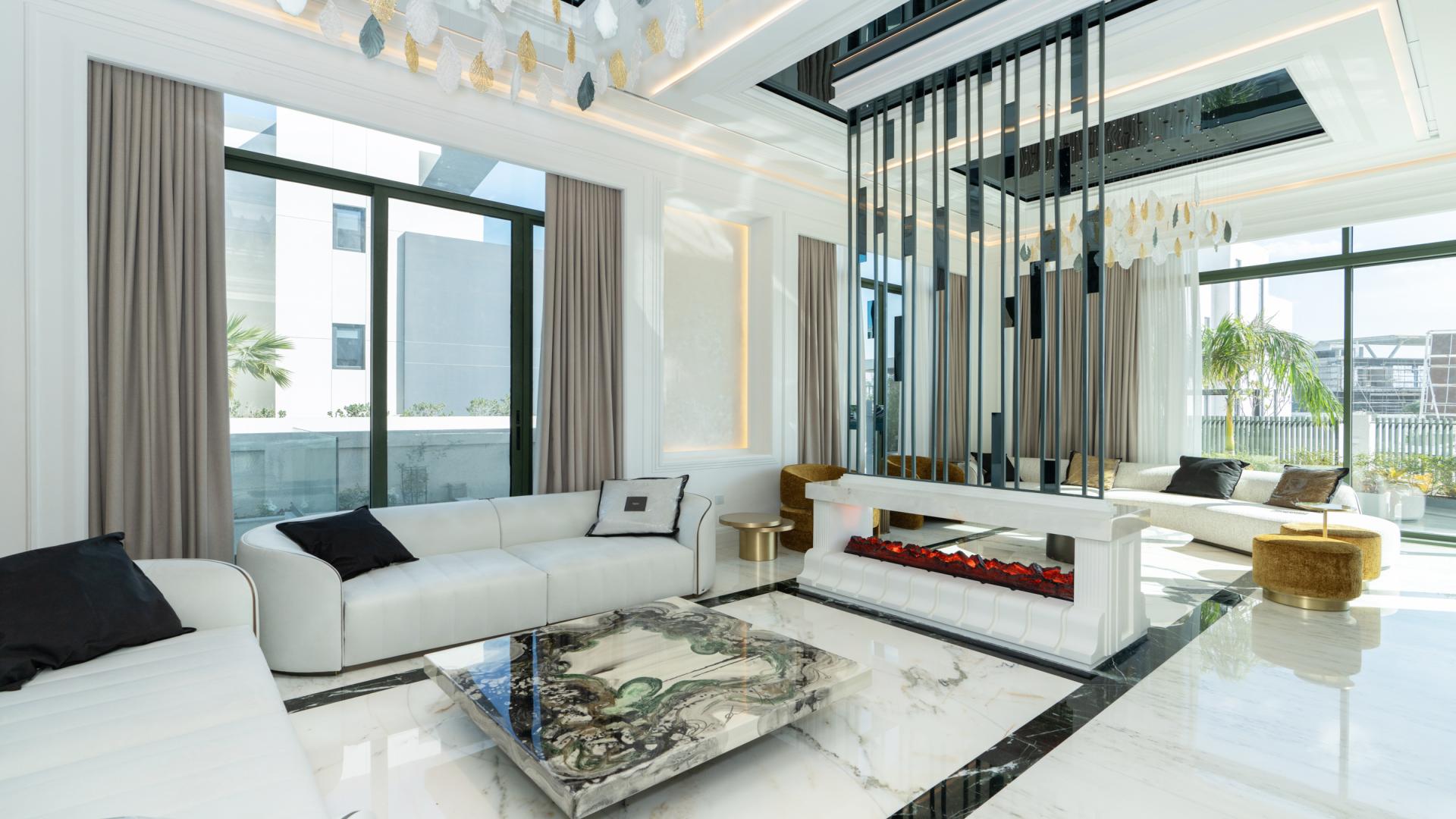 Bespoke designer villa exterior in Emerald Hills, Dubai Hills Estate, with modern architecture and palm trees