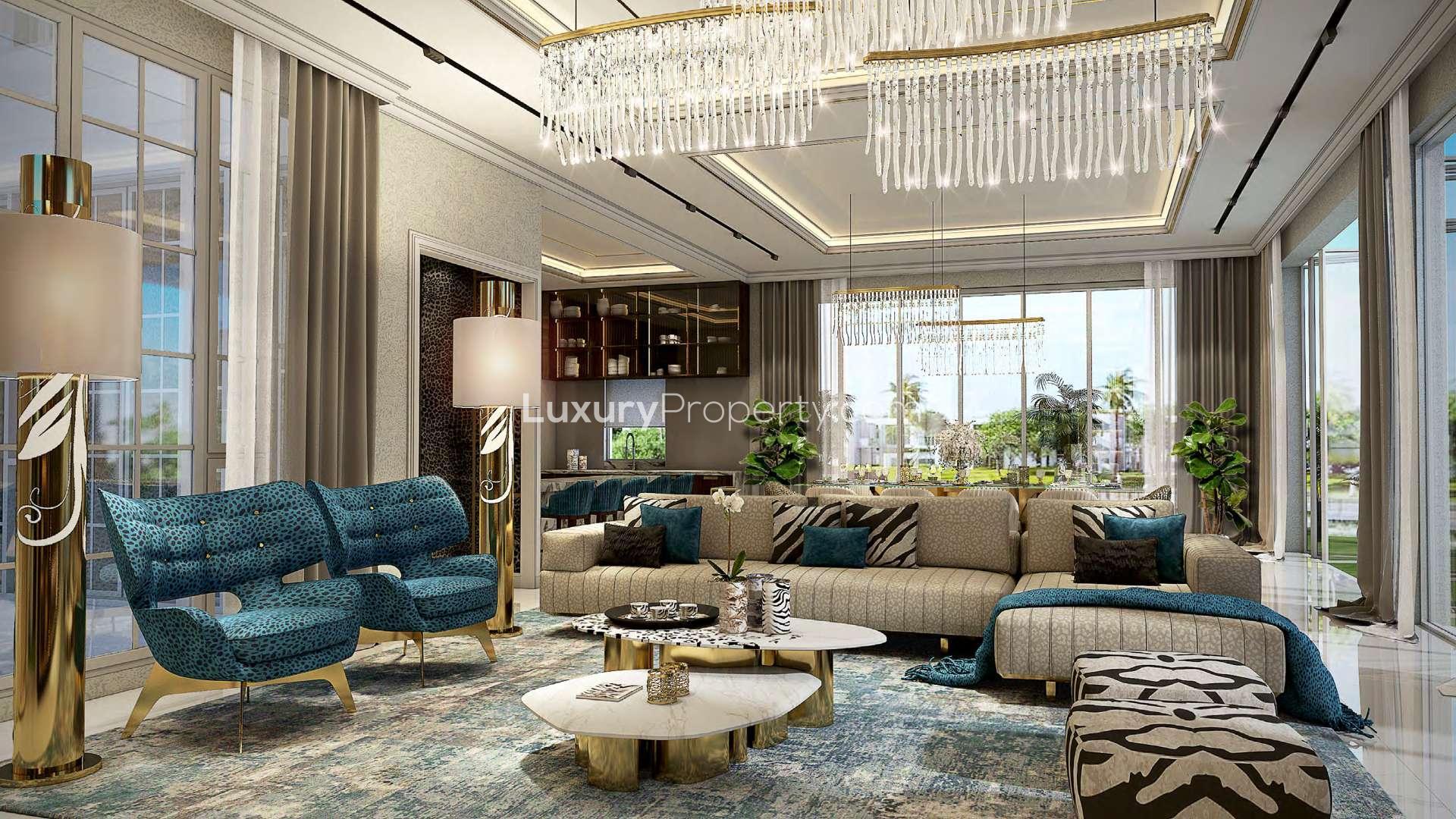 N/A,Luxurious living room in Cavalli Estates villa, Damac Hills, featuring elegant decor and chandeliers