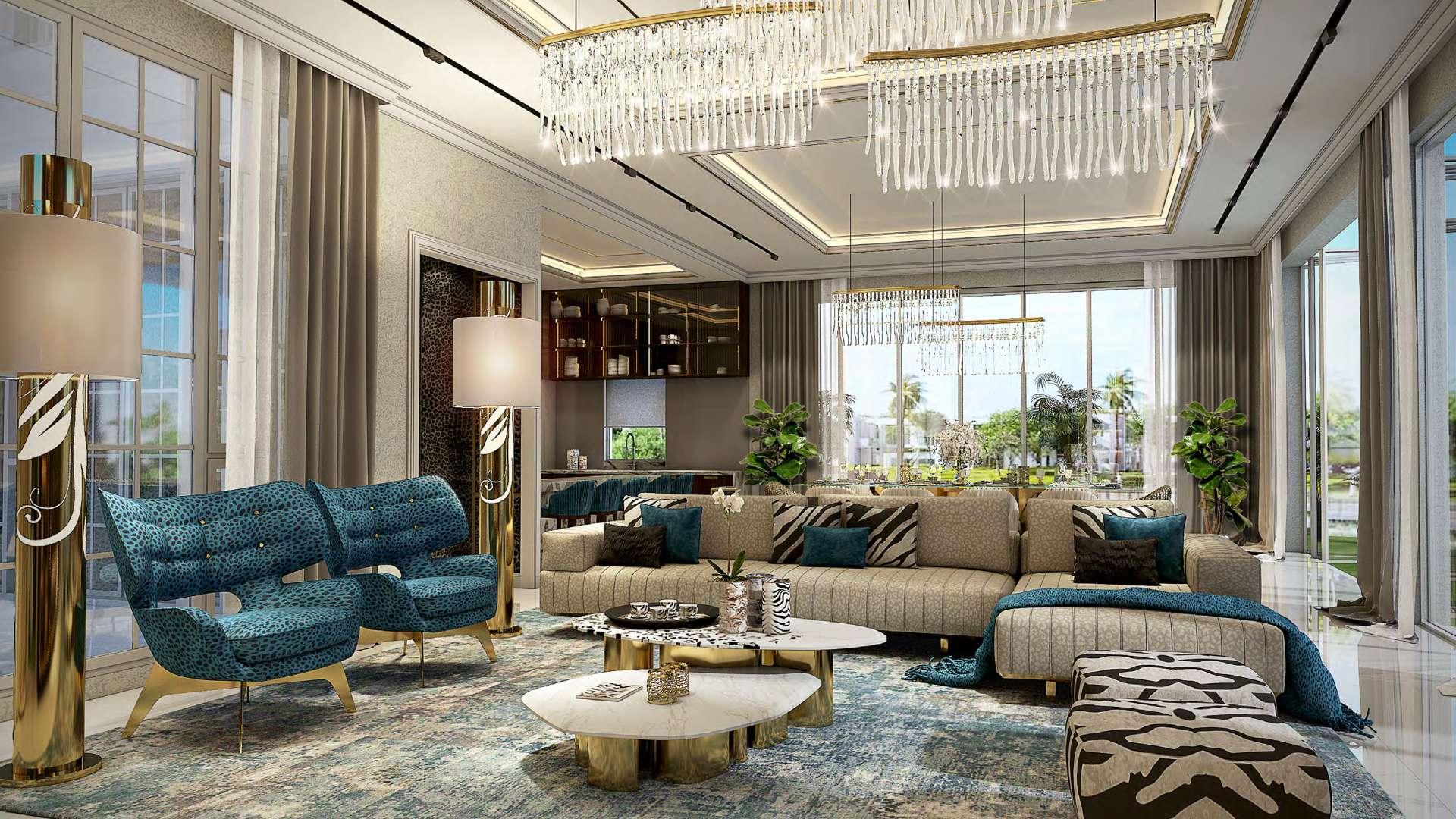 N/A,Luxurious living room in Cavalli Estates villa, Damac Hills, featuring elegant decor and chandeliers