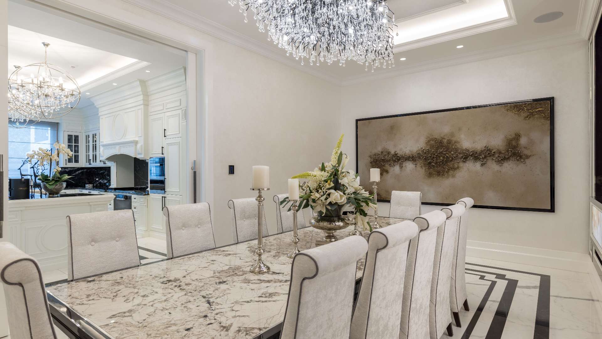 Luxurious living room in Al Barari villa with elegant decor and garden view