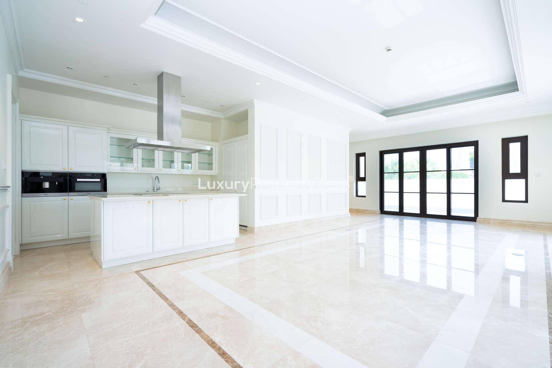 Spacious kitchen in elegant Mediterranean villa, District One, with modern design and ample natural light
