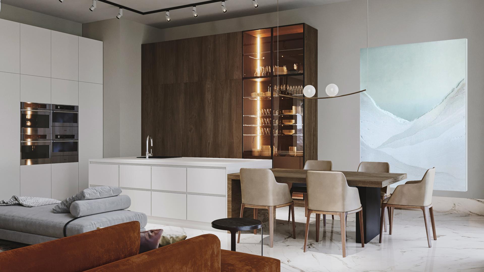 Modern interior design of luxury villa in Dubai Hills Estate, featuring sleek geometric elements