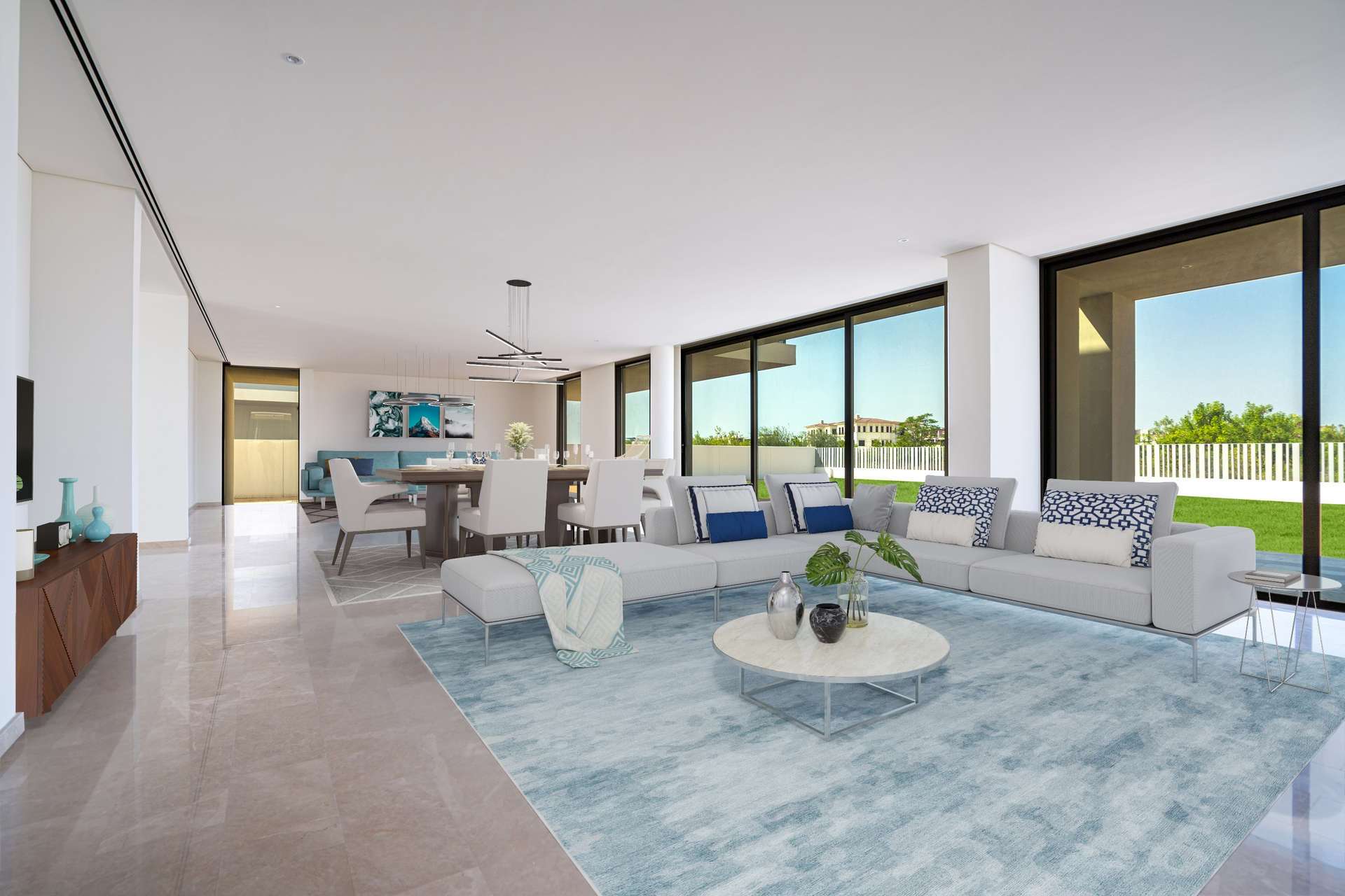 Spacious living room with large windows in Dubai Hills Estate villa for sale