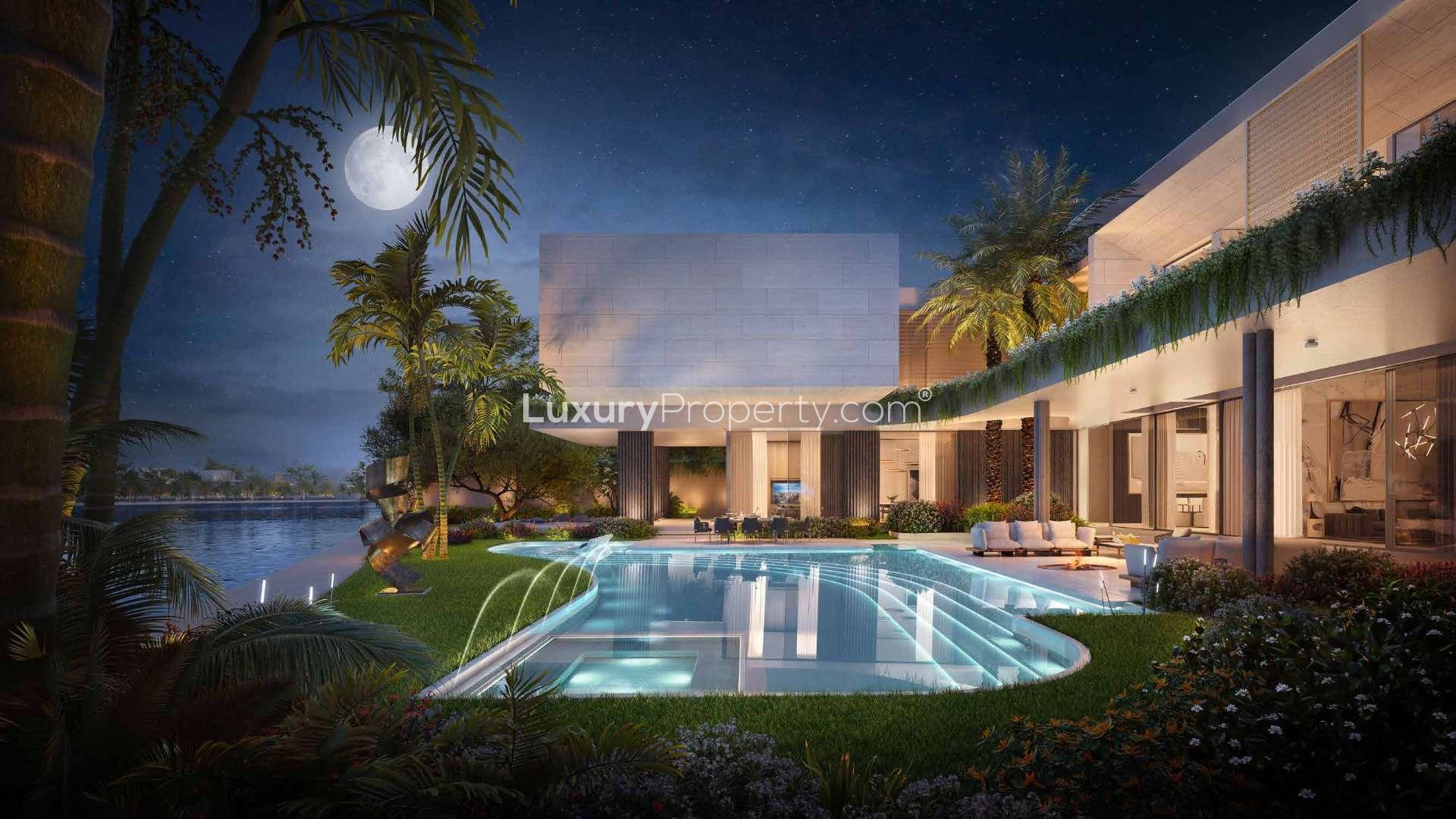 Luxurious villa exterior with lush greenery, modern design in Tilal Al Ghaf, Lanai Islands