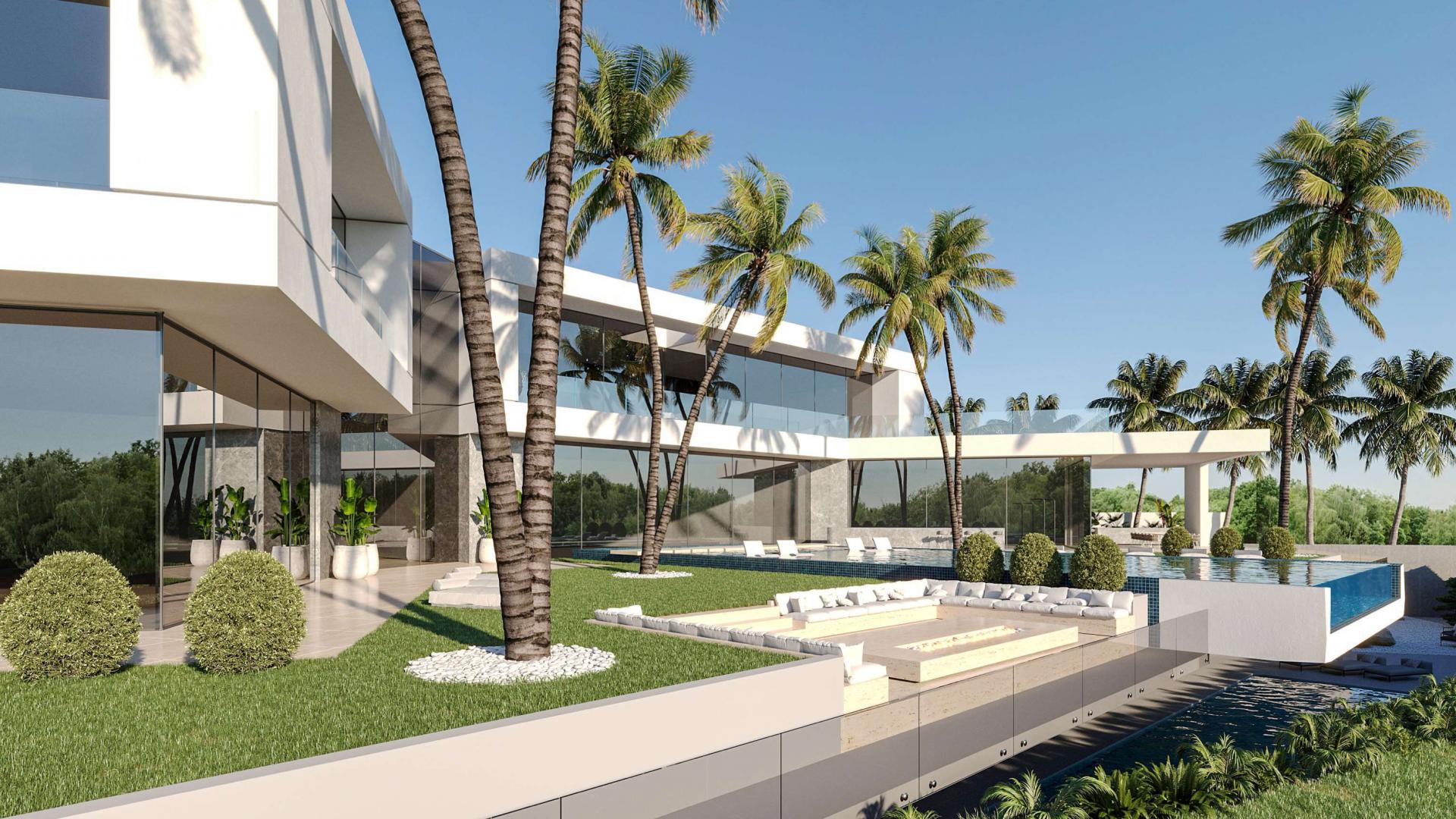 Hollywood Hills style mega mansion with minimalist finish, pool, and palm trees in Dubai Hills