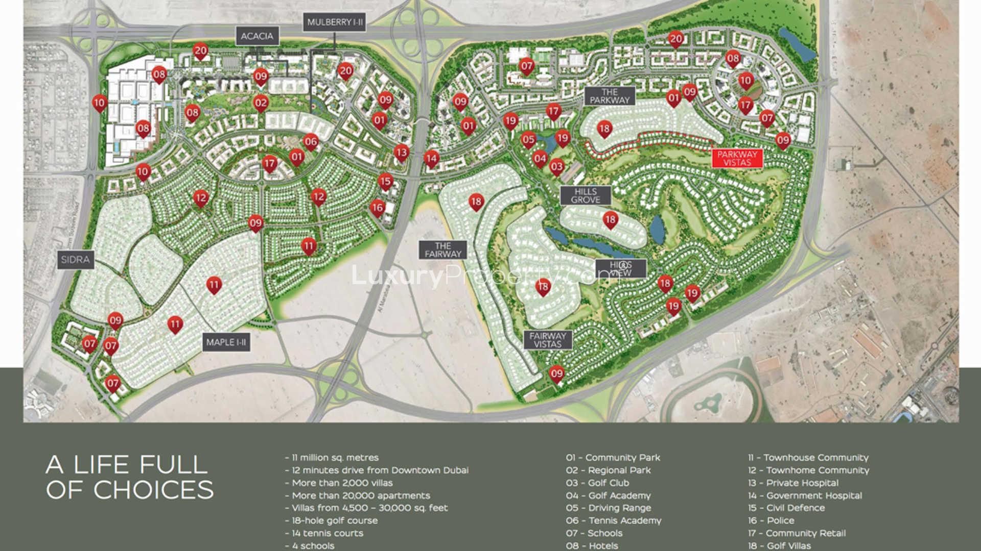 Entrance to Dubai Hills Estate, lush greenery and palm trees lining the pathway