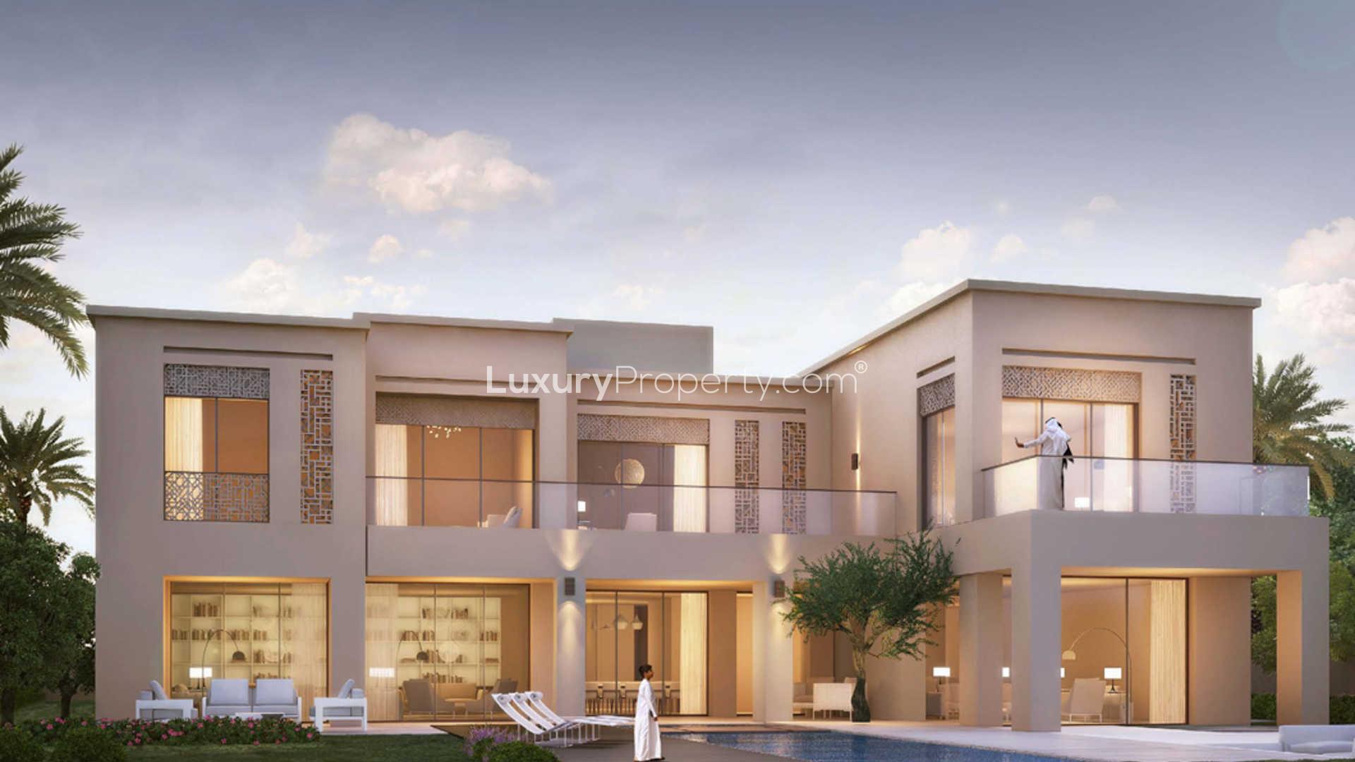 Luxury 7-bedroom villa exterior in Parkway Vistas, Dubai Hills Estate, with golf course views