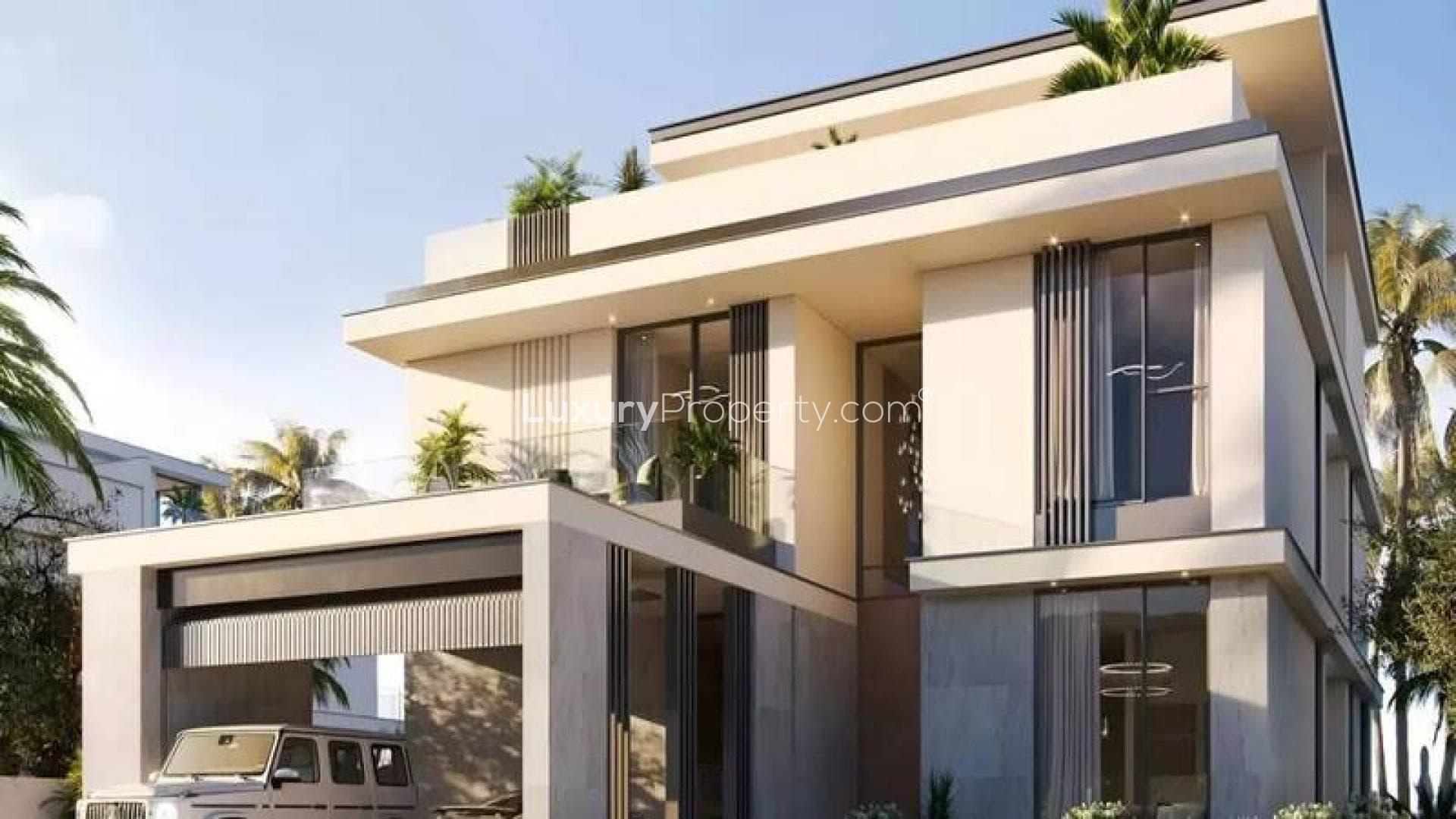 Ultra-luxury waterfront villa exterior on Palm Jebel Ali, featuring modern architecture and palm trees