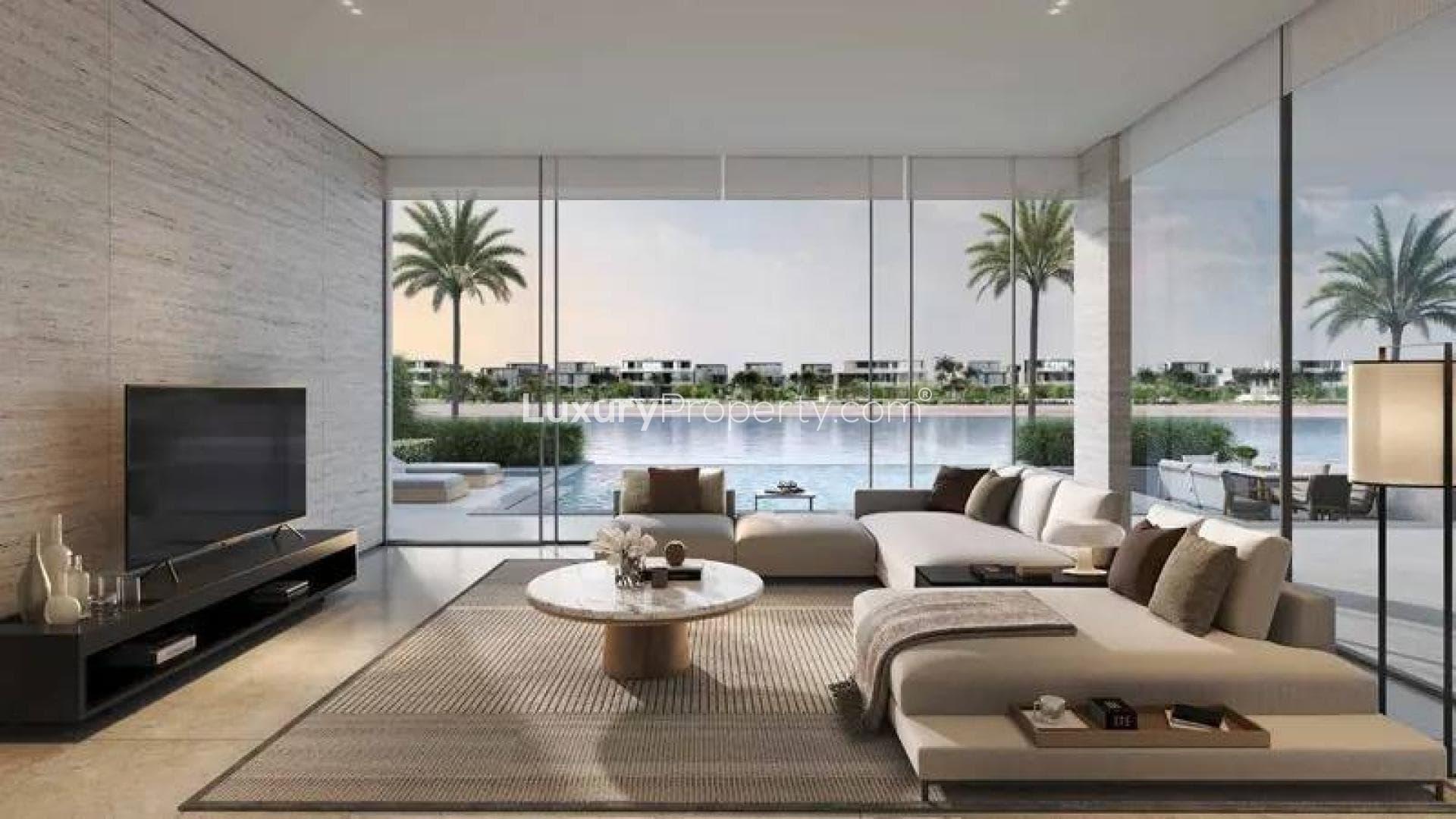 N/A,Luxurious living room in Palm Jebel Ali villa with waterfront view and modern decor