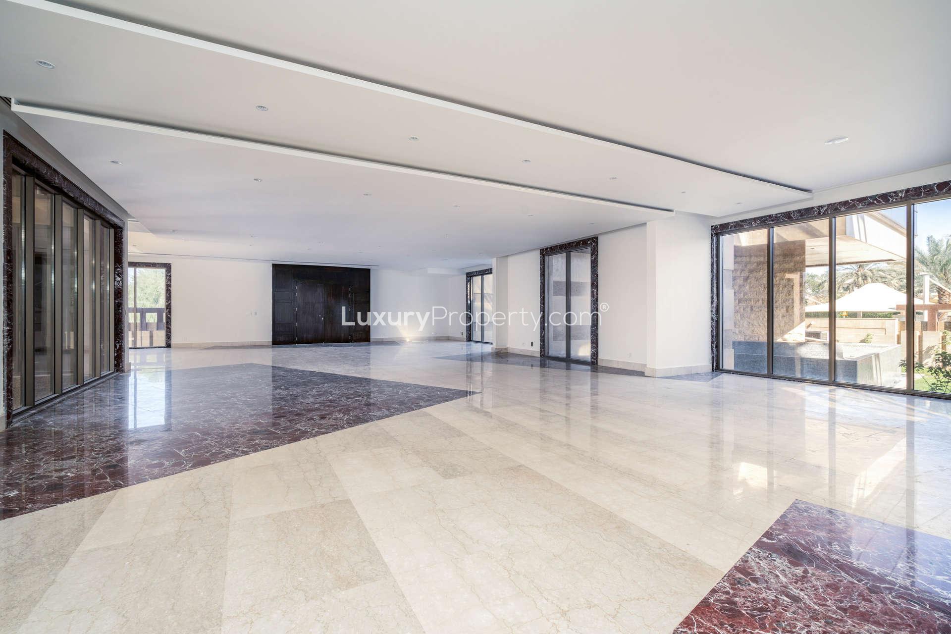 Luxurious marble interior of contemporary villa in Al Safa, Dubai, with large windows