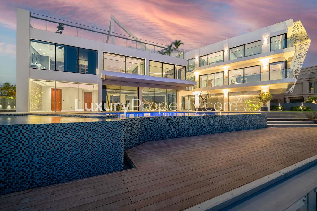 Modern living room in custom-built villa, Palm Jumeirah, with marble floors and built-in storage