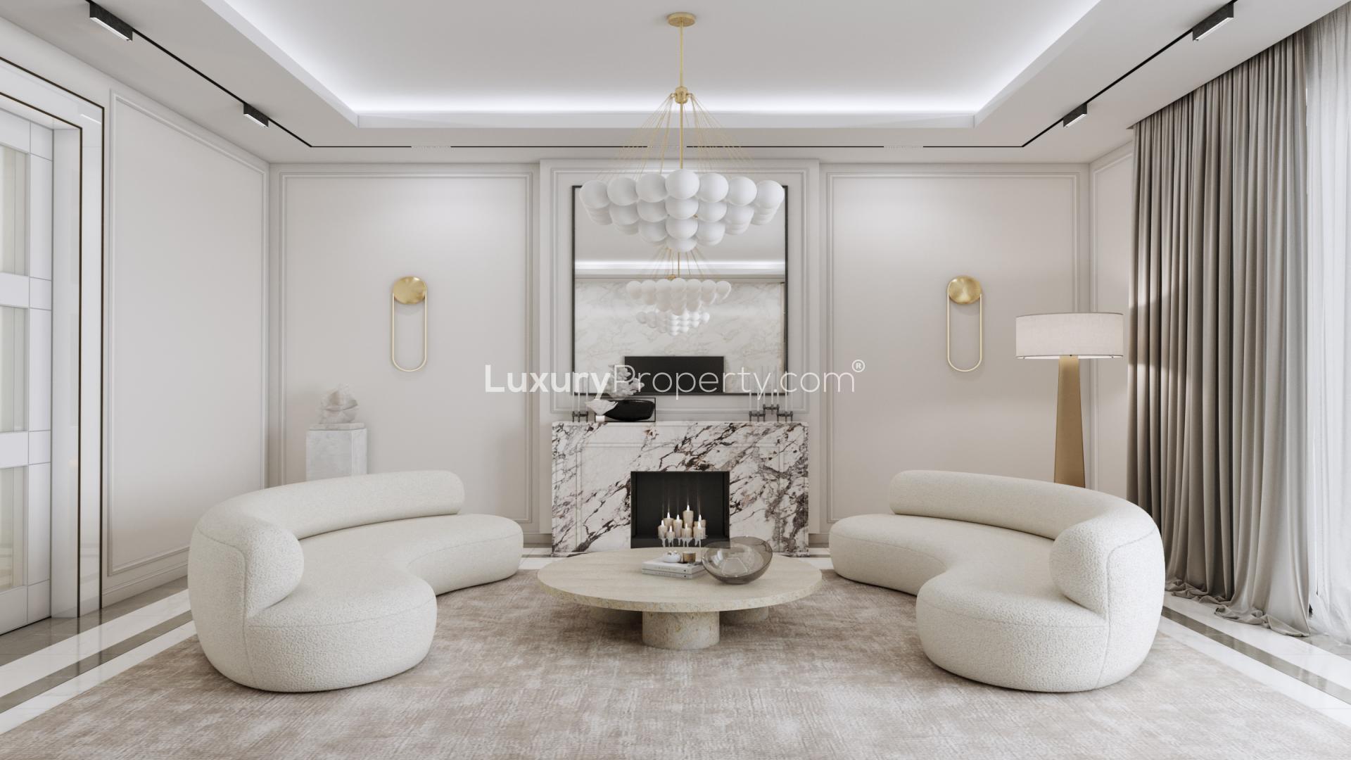 Luxurious living room in Al Barari villa with elegant decor and modern furnishings